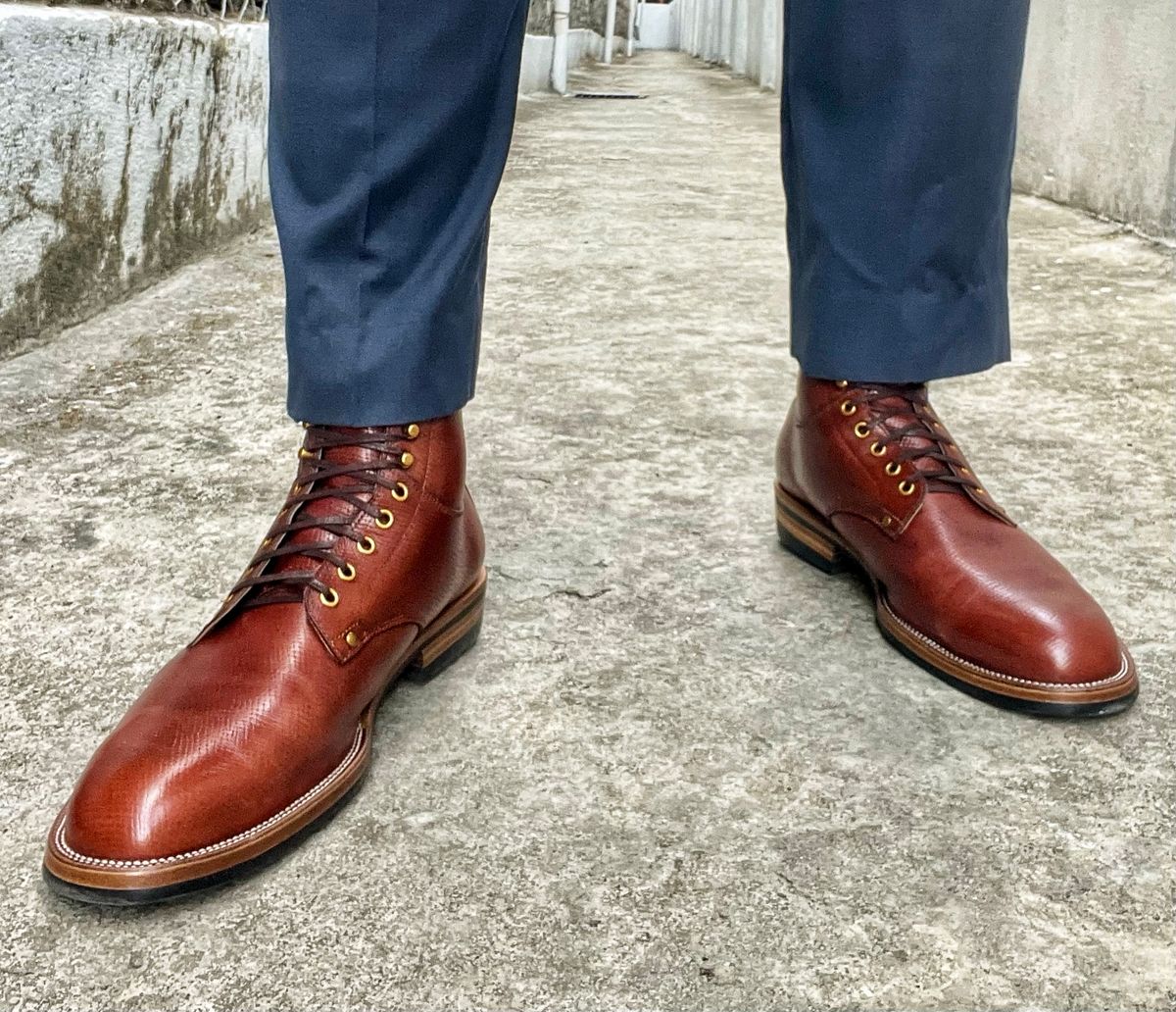 Photo by coolhand0302 on February 26, 2024 of the Østmo x Iron Boots Type 1 Service Boot in Horween Tan Pioneer Reindeer.