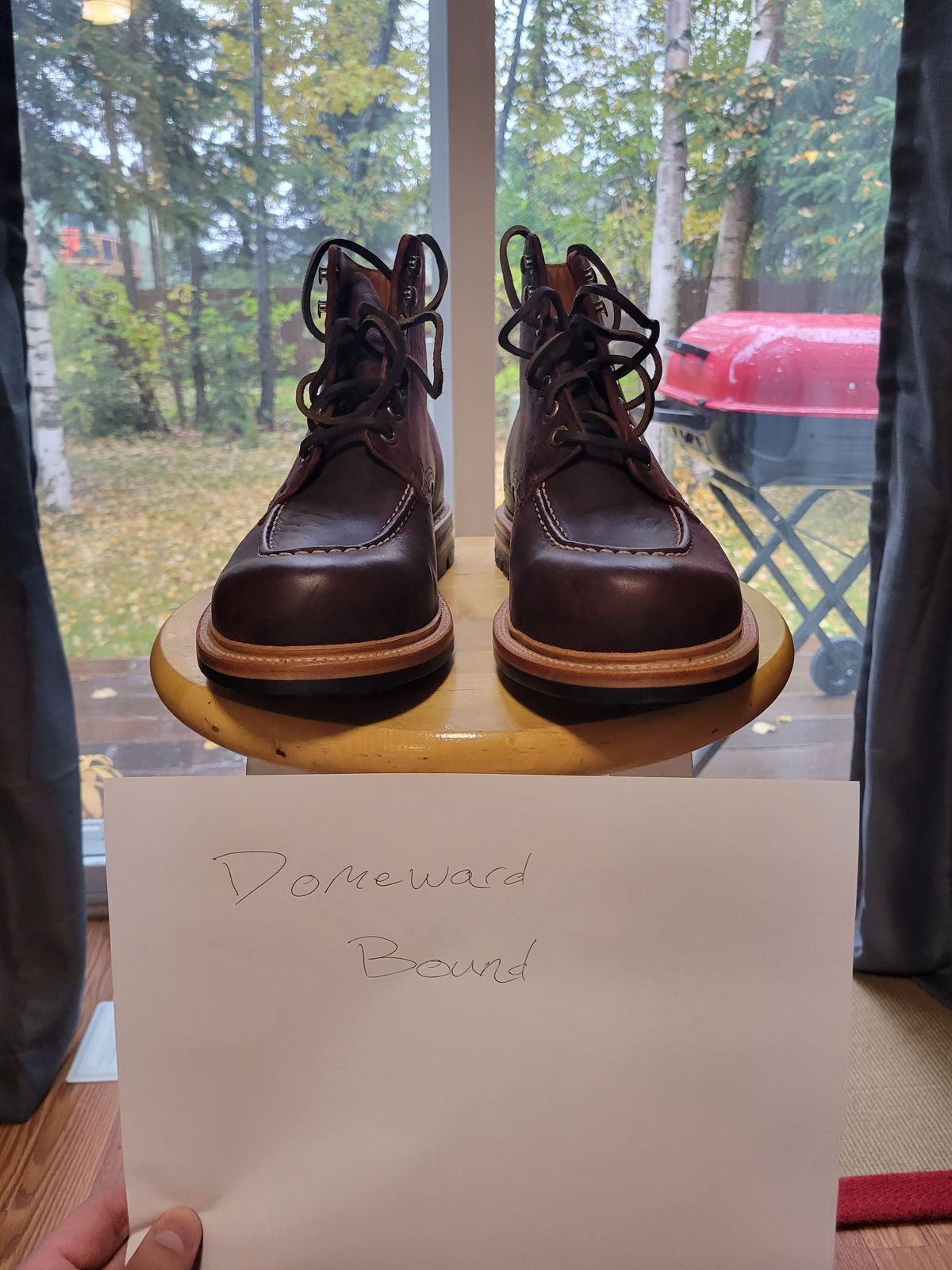 Photo by JoshankRedemption on October 1, 2023 of the Grant Stone Brass Boot in C.F. Stead Dark Burgundy Classic Kudu.