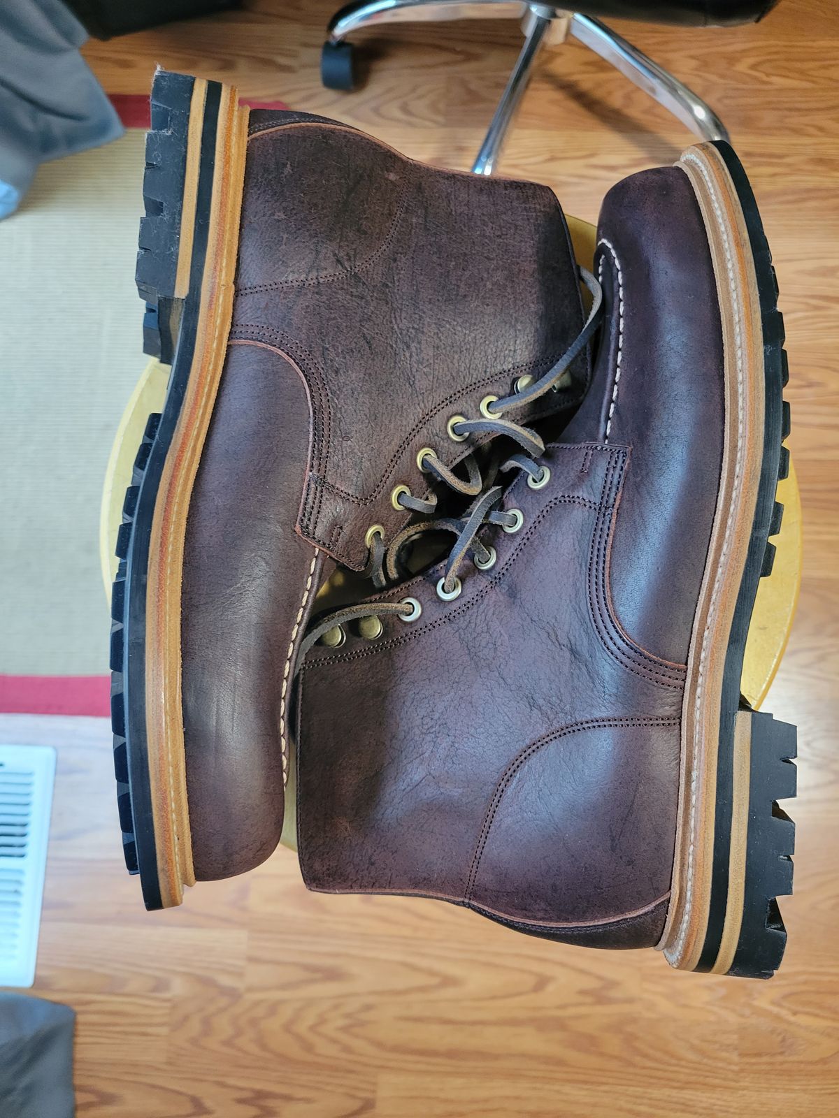 Photo by JoshankRedemption on October 1, 2023 of the Grant Stone Brass Boot in C.F. Stead Dark Burgundy Classic Kudu.