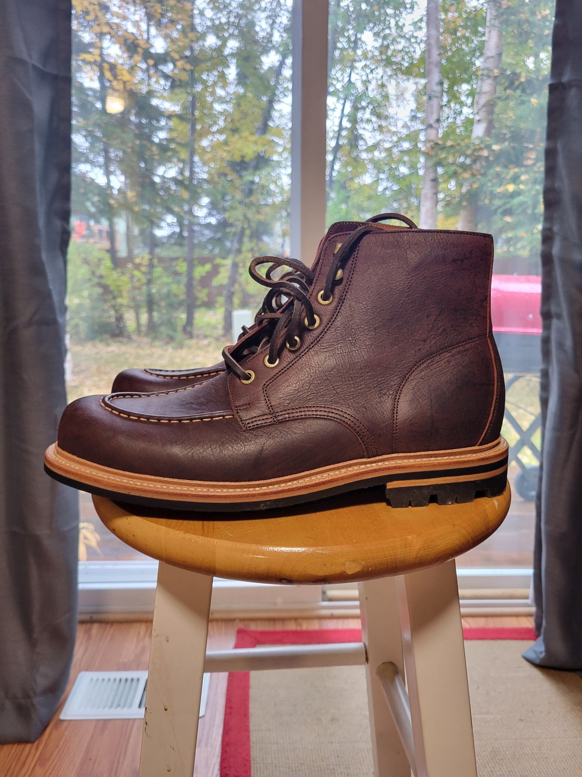 Photo by JoshankRedemption on October 1, 2023 of the Grant Stone Brass Boot in C.F. Stead Dark Burgundy Classic Kudu.