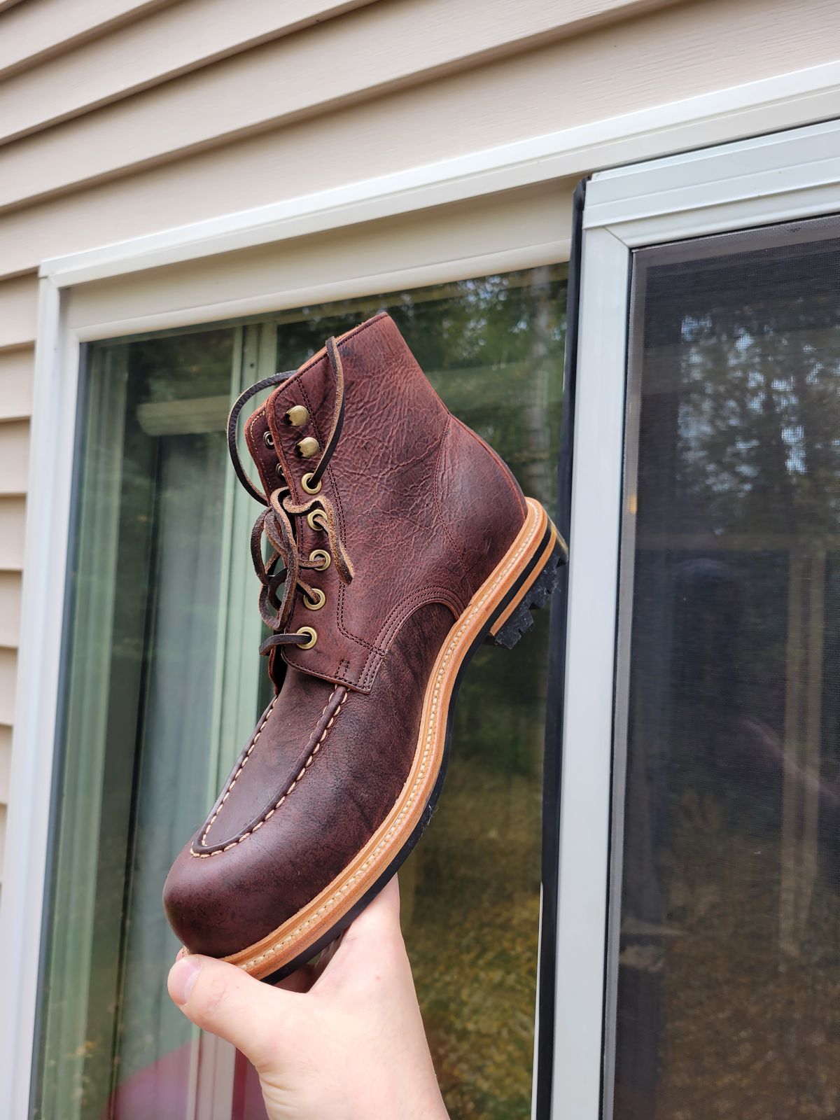 Photo by JoshankRedemption on October 1, 2023 of the Grant Stone Brass Boot in C.F. Stead Dark Burgundy Classic Kudu.