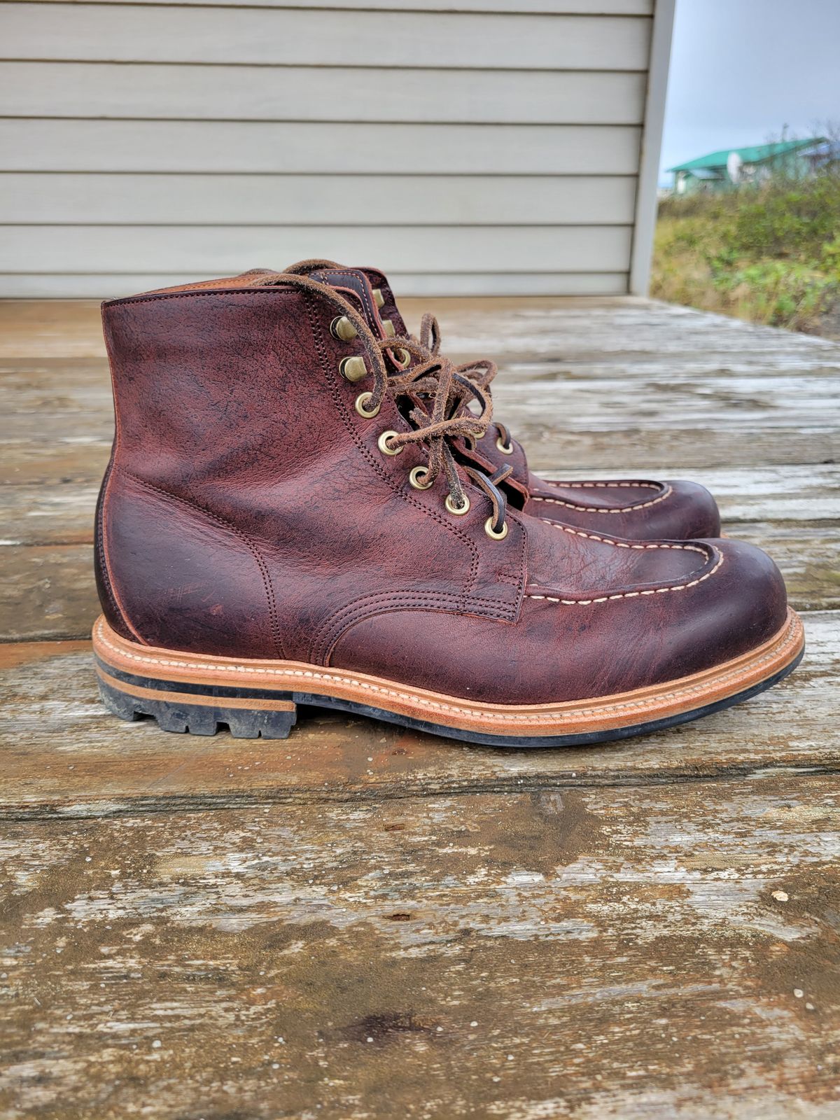 Photo by JoshankRedemption on November 1, 2023 of the Grant Stone Brass Boot in C.F. Stead Dark Burgundy Classic Kudu.
