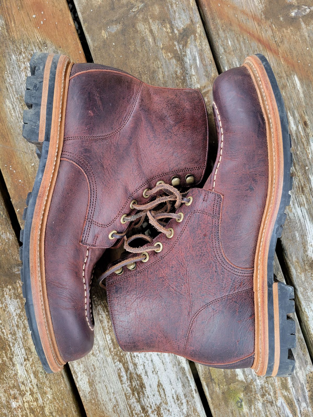 Photo by JoshankRedemption on November 1, 2023 of the Grant Stone Brass Boot in C.F. Stead Dark Burgundy Classic Kudu.