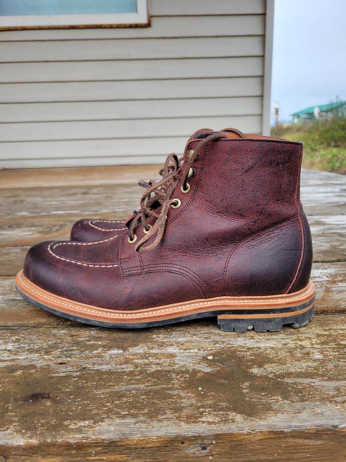 Photo by JoshankRedemption on November 1, 2023 of the Grant Stone Brass Boot in C.F. Stead Dark Burgundy Classic Kudu.