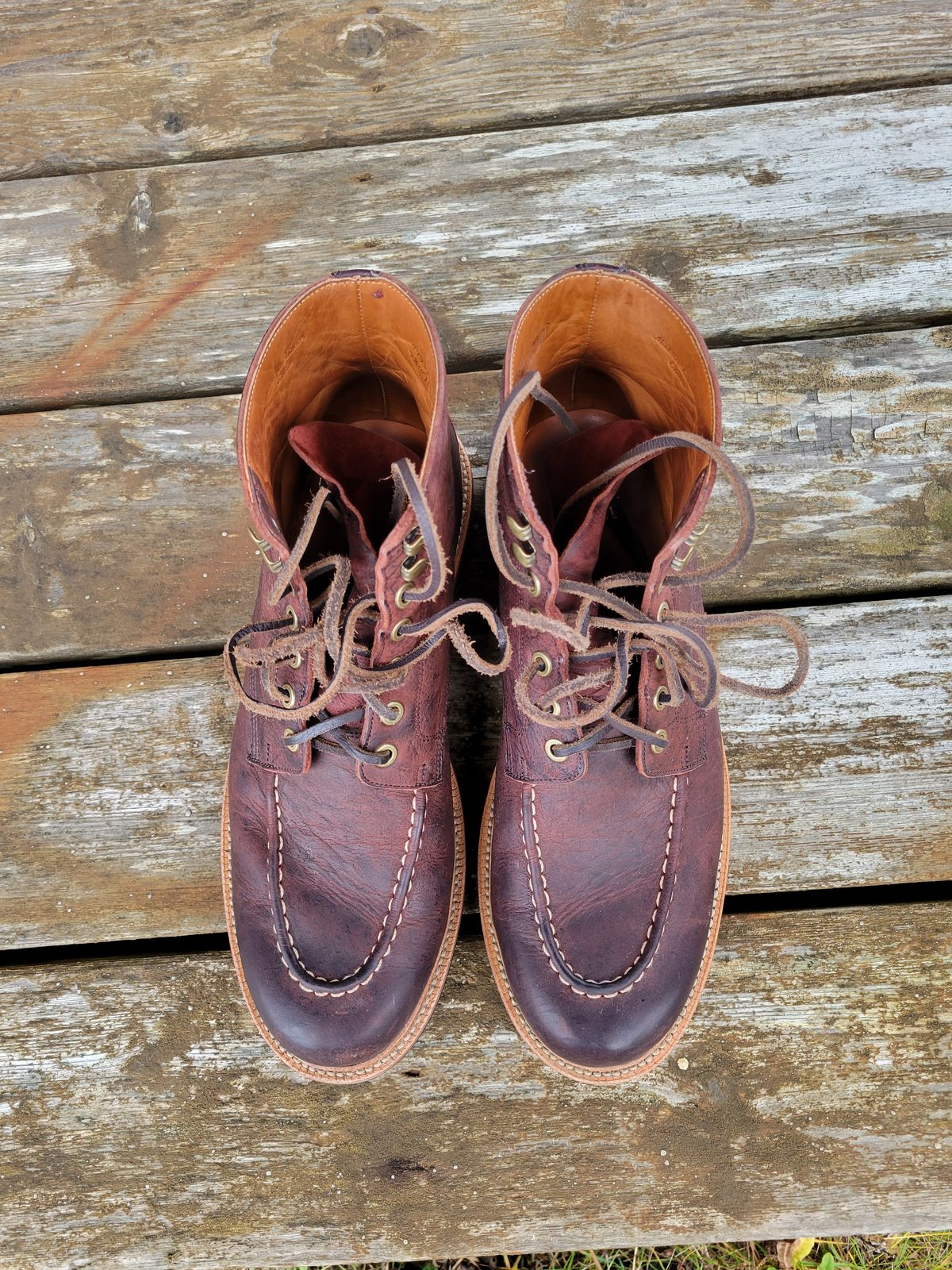 Photo by JoshankRedemption on November 1, 2023 of the Grant Stone Brass Boot in C.F. Stead Dark Burgundy Classic Kudu.