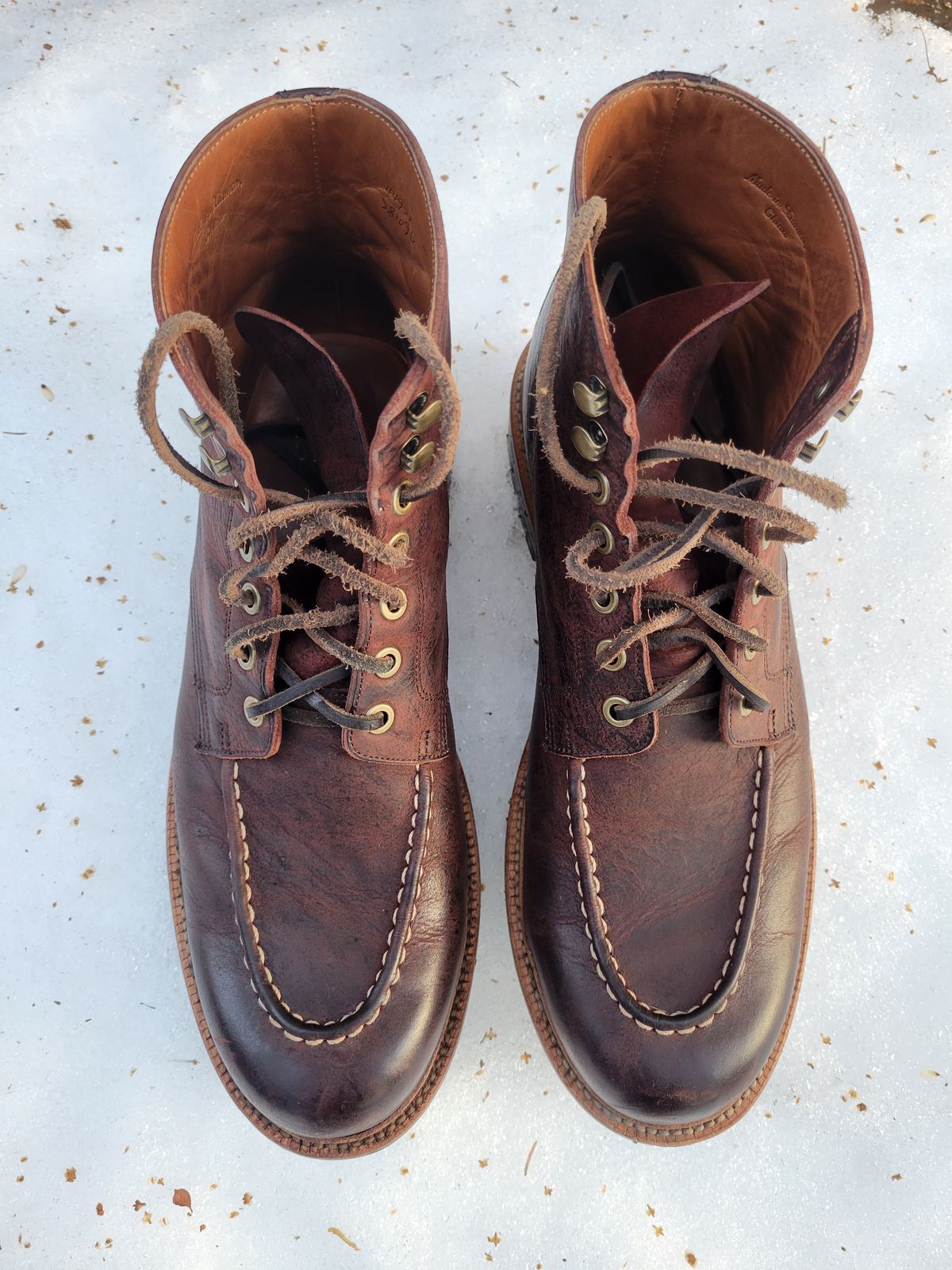 Photo by JoshankRedemption on December 1, 2023 of the Grant Stone Brass Boot in C.F. Stead Dark Burgundy Classic Kudu.