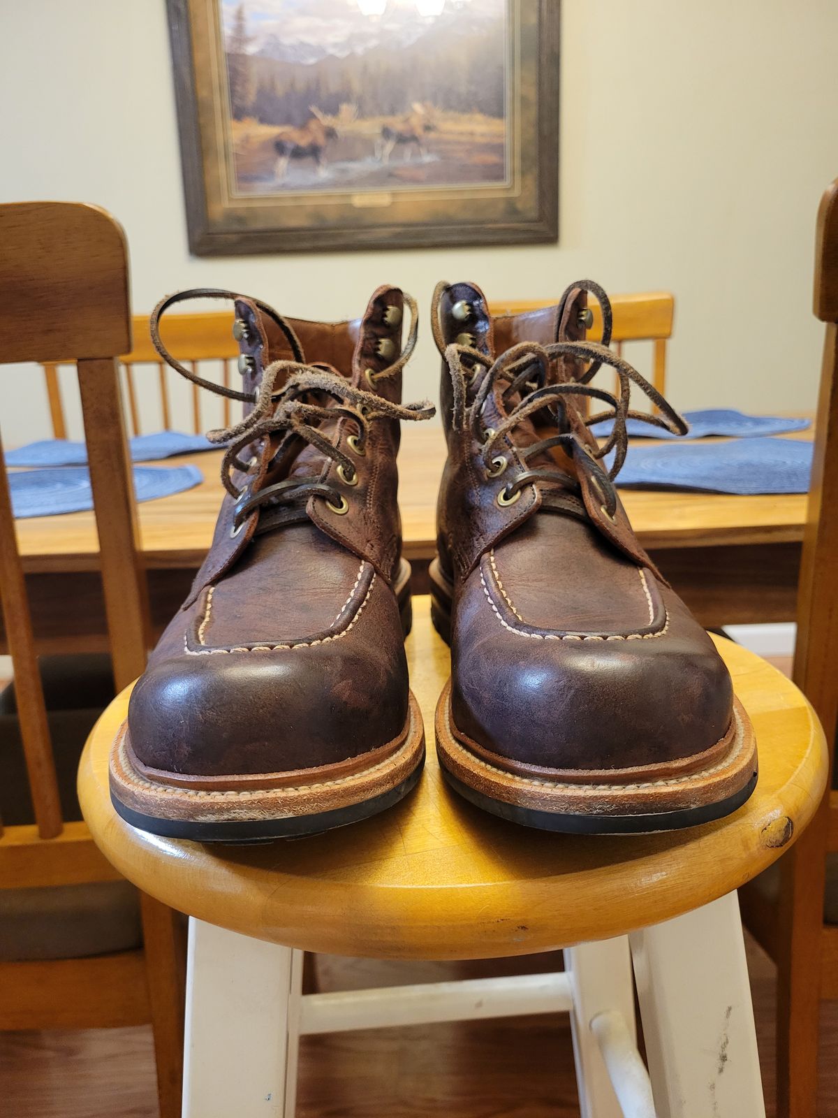 Photo by JoshankRedemption on January 5, 2024 of the Grant Stone Brass Boot in C.F. Stead Dark Burgundy Classic Kudu.