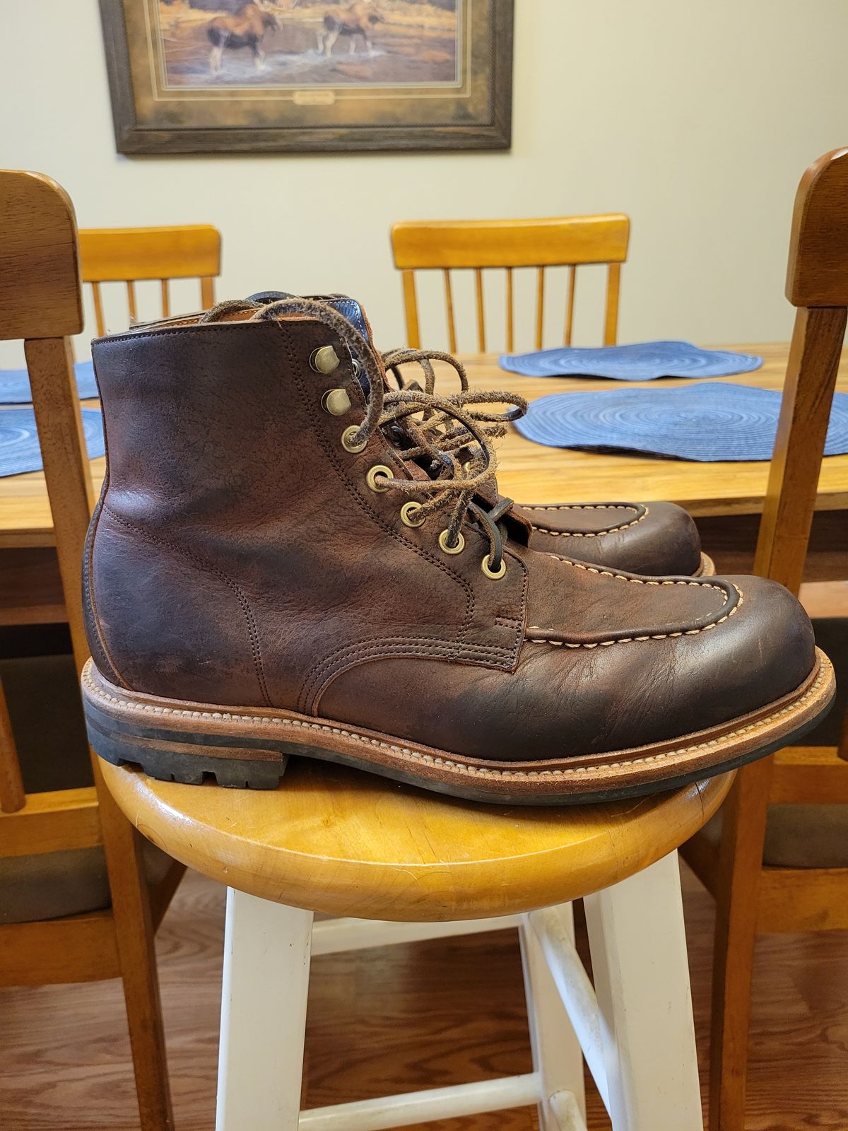 Photo by JoshankRedemption on January 5, 2024 of the Grant Stone Brass Boot in C.F. Stead Dark Burgundy Classic Kudu.
