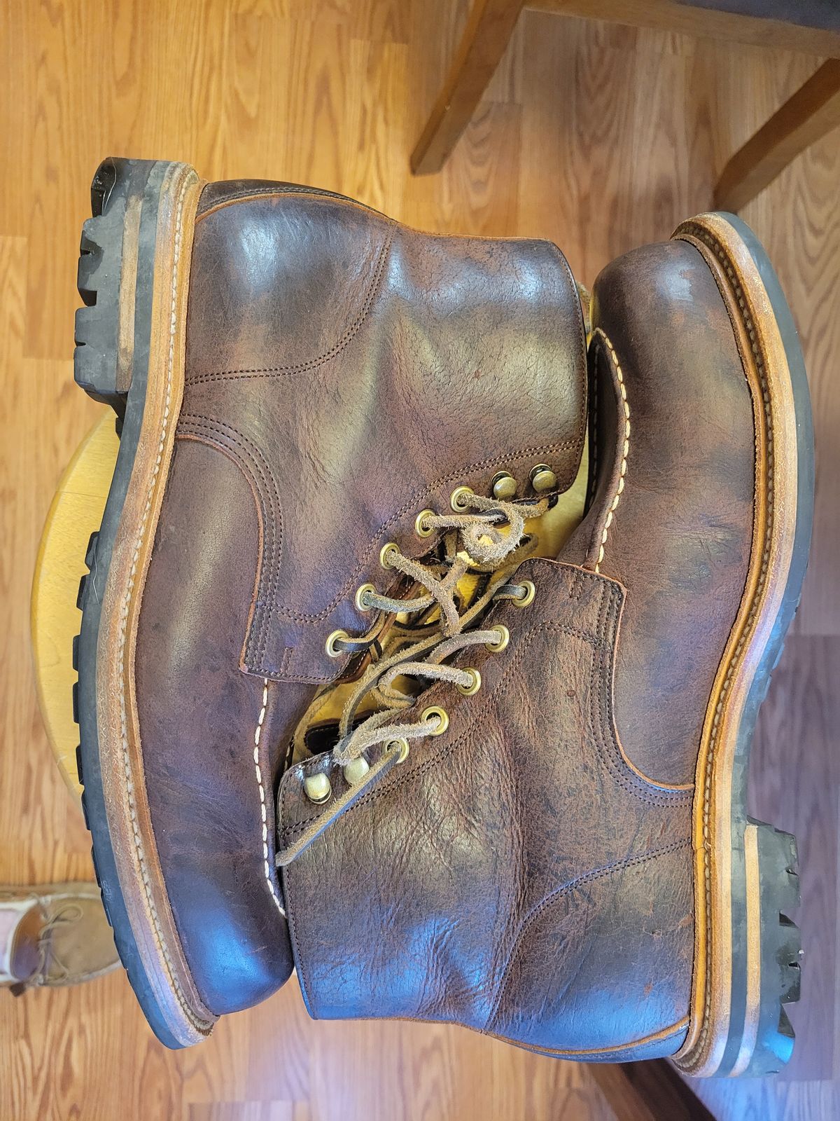 Photo by JoshankRedemption on February 2, 2024 of the Grant Stone Brass Boot in C.F. Stead Dark Burgundy Classic Kudu.