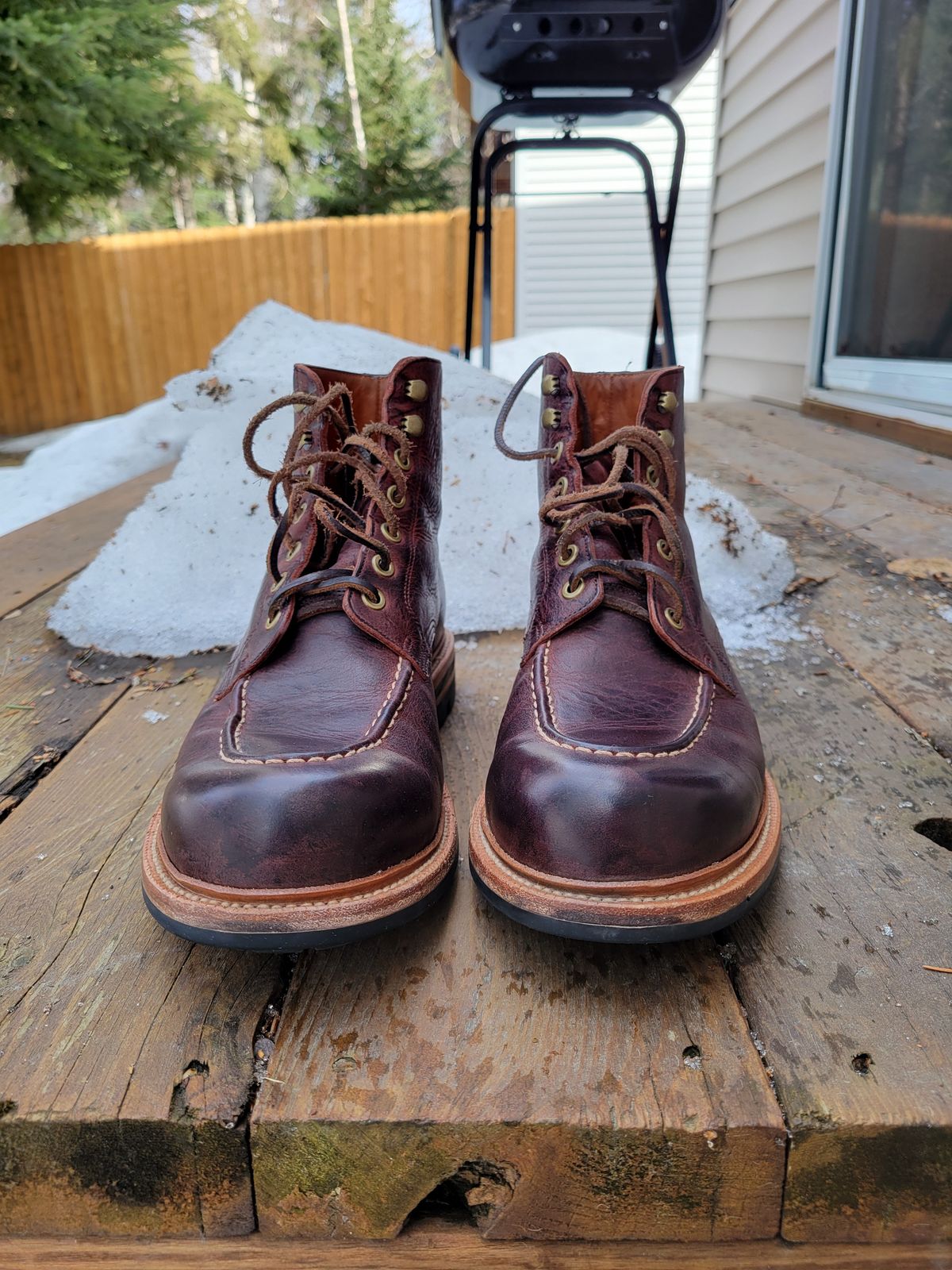 Photo by JoshankRedemption on April 1, 2024 of the Grant Stone Brass Boot in C.F. Stead Dark Burgundy Classic Kudu.