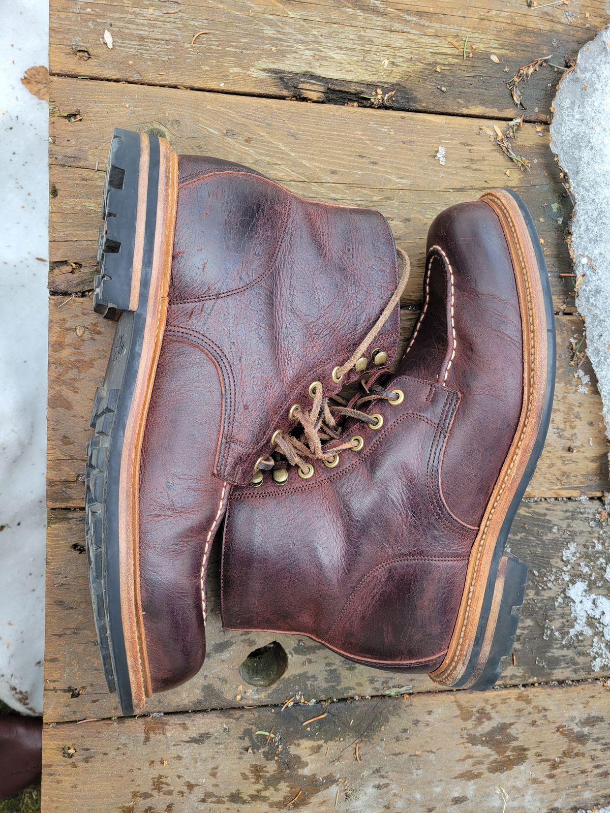 Photo by JoshankRedemption on April 1, 2024 of the Grant Stone Brass Boot in C.F. Stead Dark Burgundy Classic Kudu.