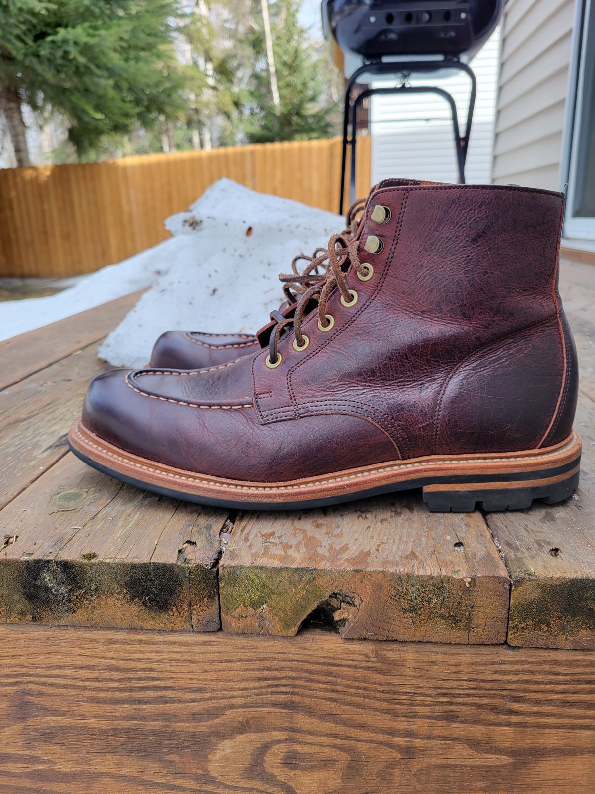 Photo by JoshankRedemption on April 1, 2024 of the Grant Stone Brass Boot in C.F. Stead Dark Burgundy Classic Kudu.