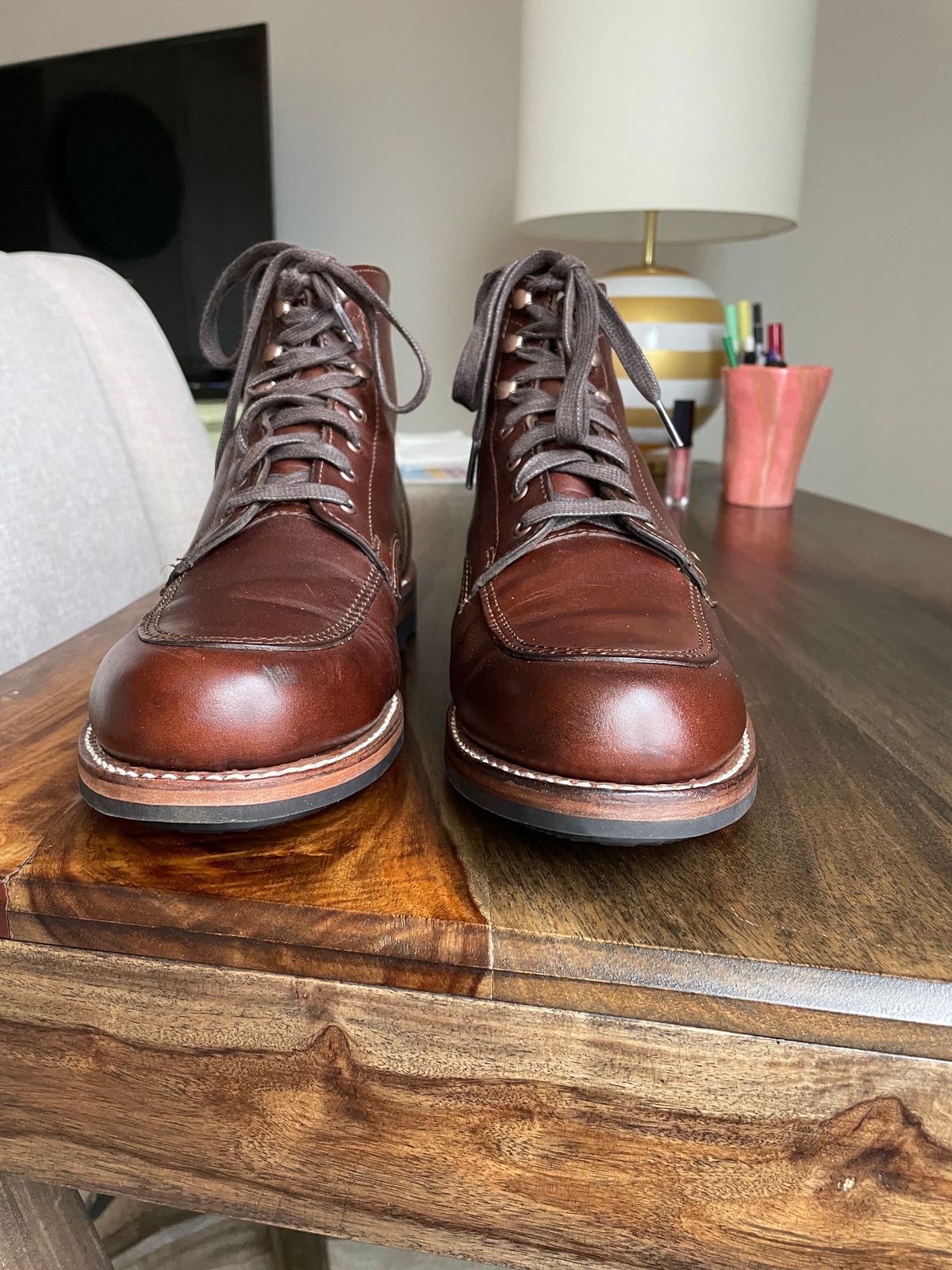 Photo by money2boot on October 5, 2023 of the Wolverine 1000 Mile Moc-Toe Boot in Horween Brown Chromexcel.