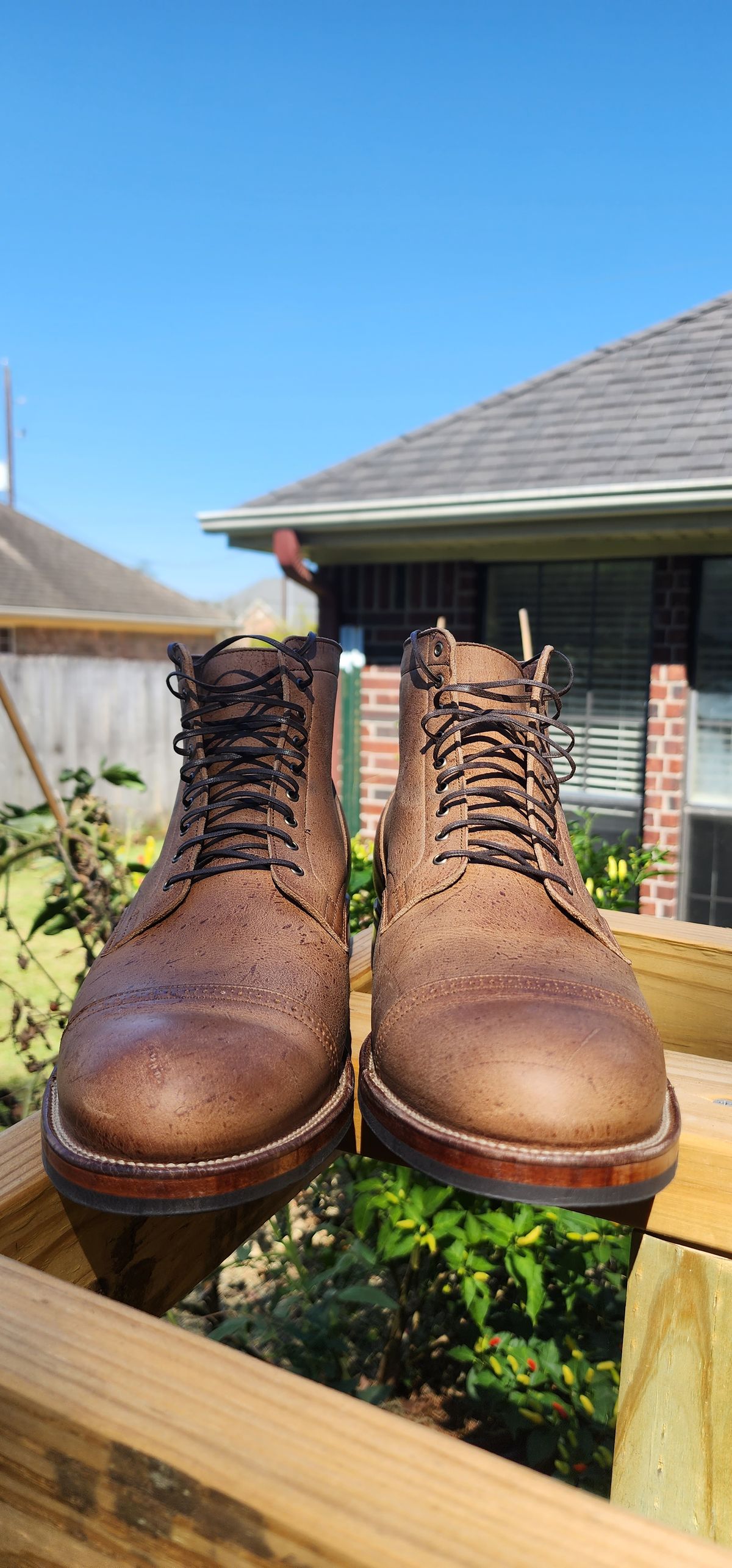 Photo by TrillDan on October 5, 2022 of the Viberg Service Boot BCT in C.F. Stead Camel Hair Waxed Kudu.