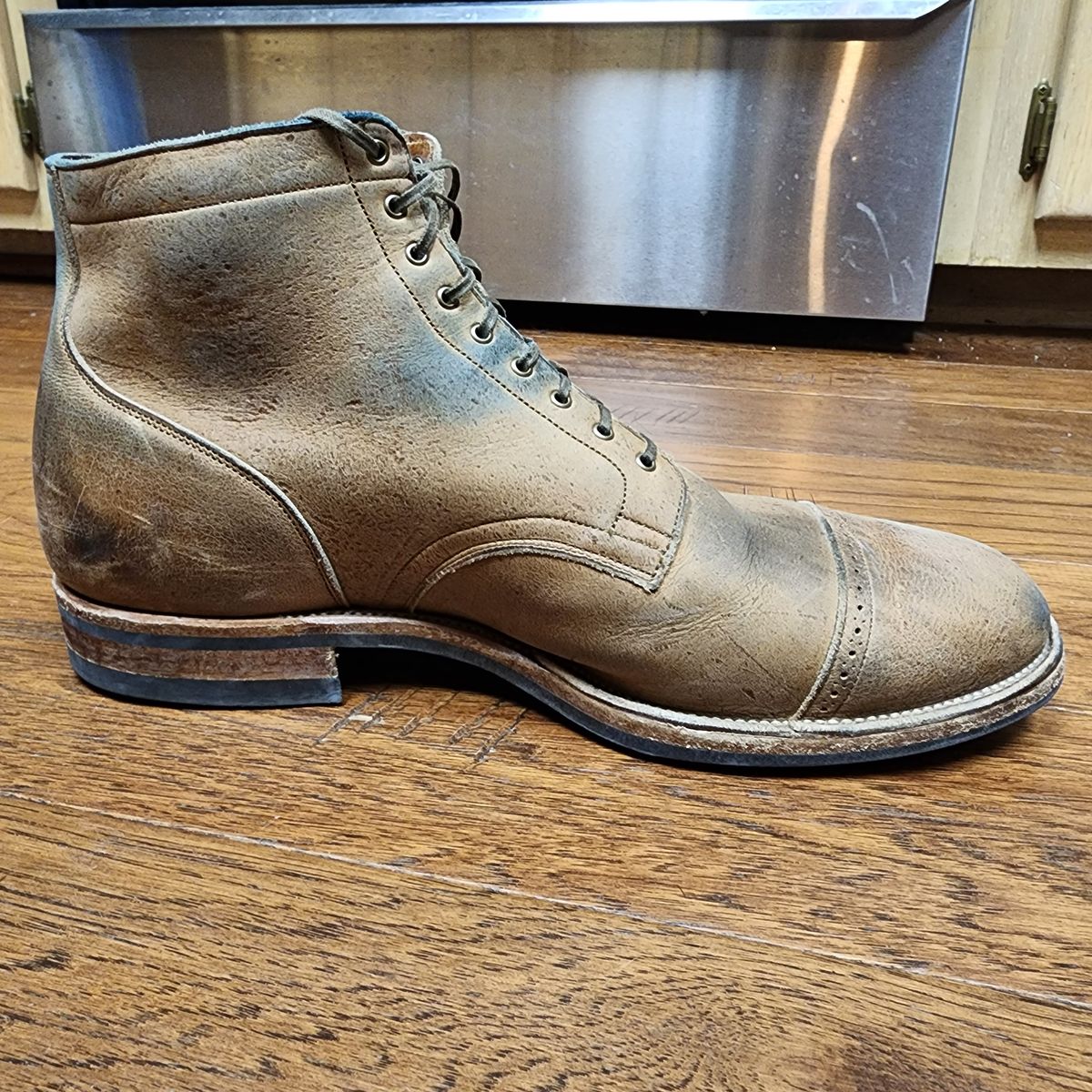 Photo by TrillDan on January 5, 2023 of the Viberg Service Boot BCT in C.F. Stead Camel Hair Waxed Kudu.