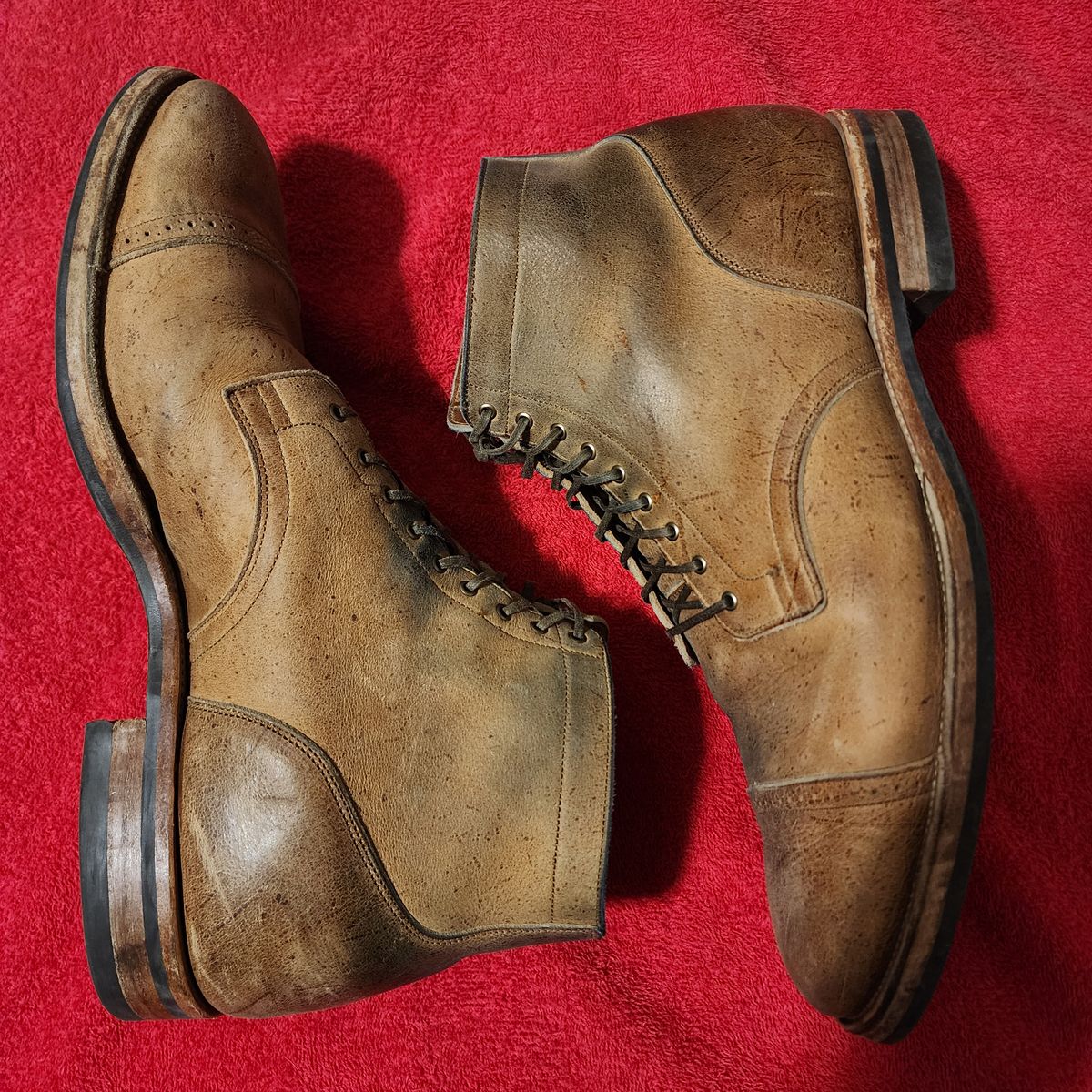 Photo by TrillDan on April 5, 2023 of the Viberg Service Boot BCT in C.F. Stead Camel Hair Waxed Kudu.