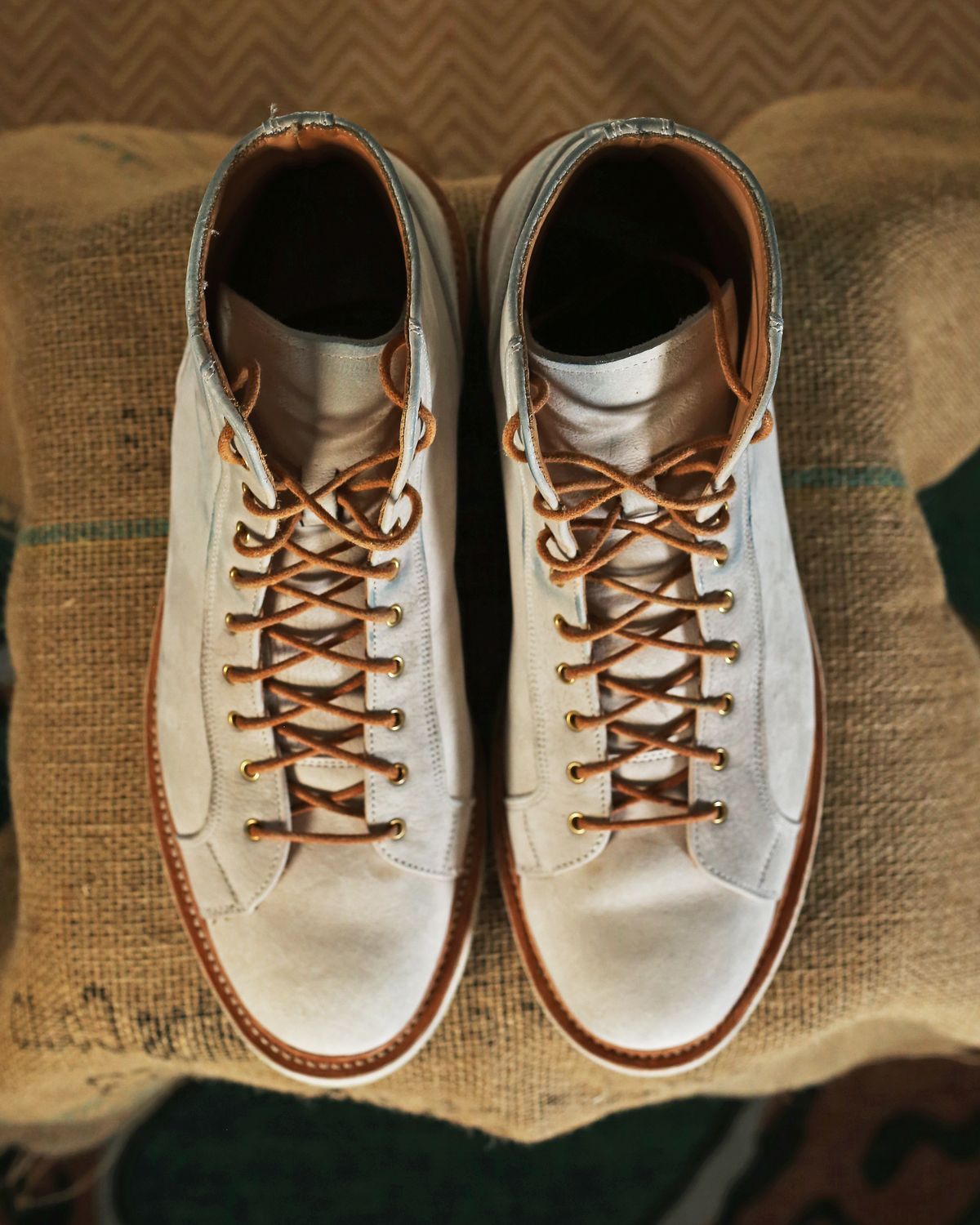 Photo by TrillDan on December 5, 2023 of the Tricker's x Division Road Super Monkey Boot in C.F. Stead Bone Nubuck Kudu.