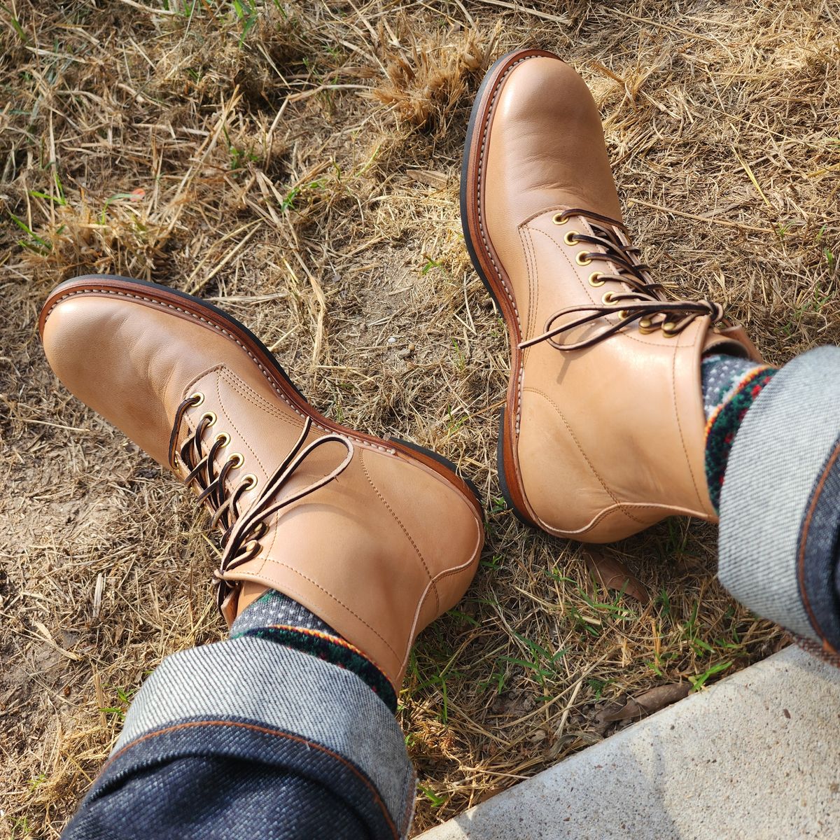 Photo by TrillDan on October 4, 2024 of the Y'2 Leather Work Boot in Y'2 kakishibu horsehide leather.