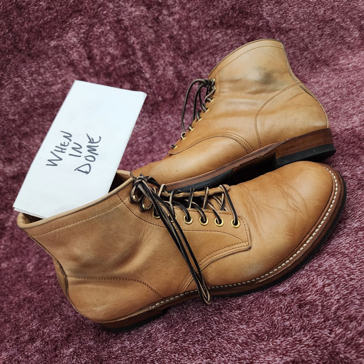 Photo by TrillDan on November 6, 2024 of the Y'2 Leather Work Boot in Y'2 kakishibu horsehide leather.