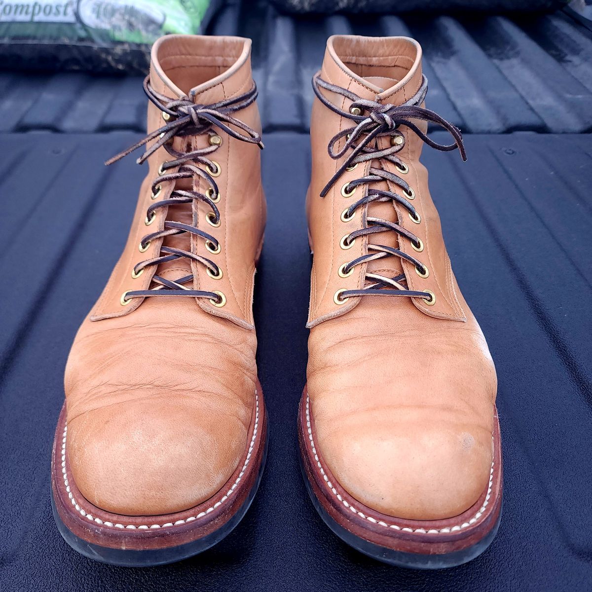 Photo by TrillDan on December 6, 2024 of the Y'2 Leather Work Boot in Y'2 kakishibu horsehide leather.