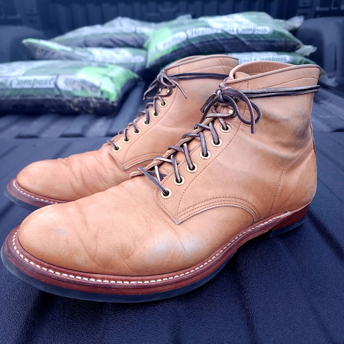Photo by TrillDan on December 6, 2024 of the Y'2 Leather Work Boot in Y'2 kakishibu horsehide leather.