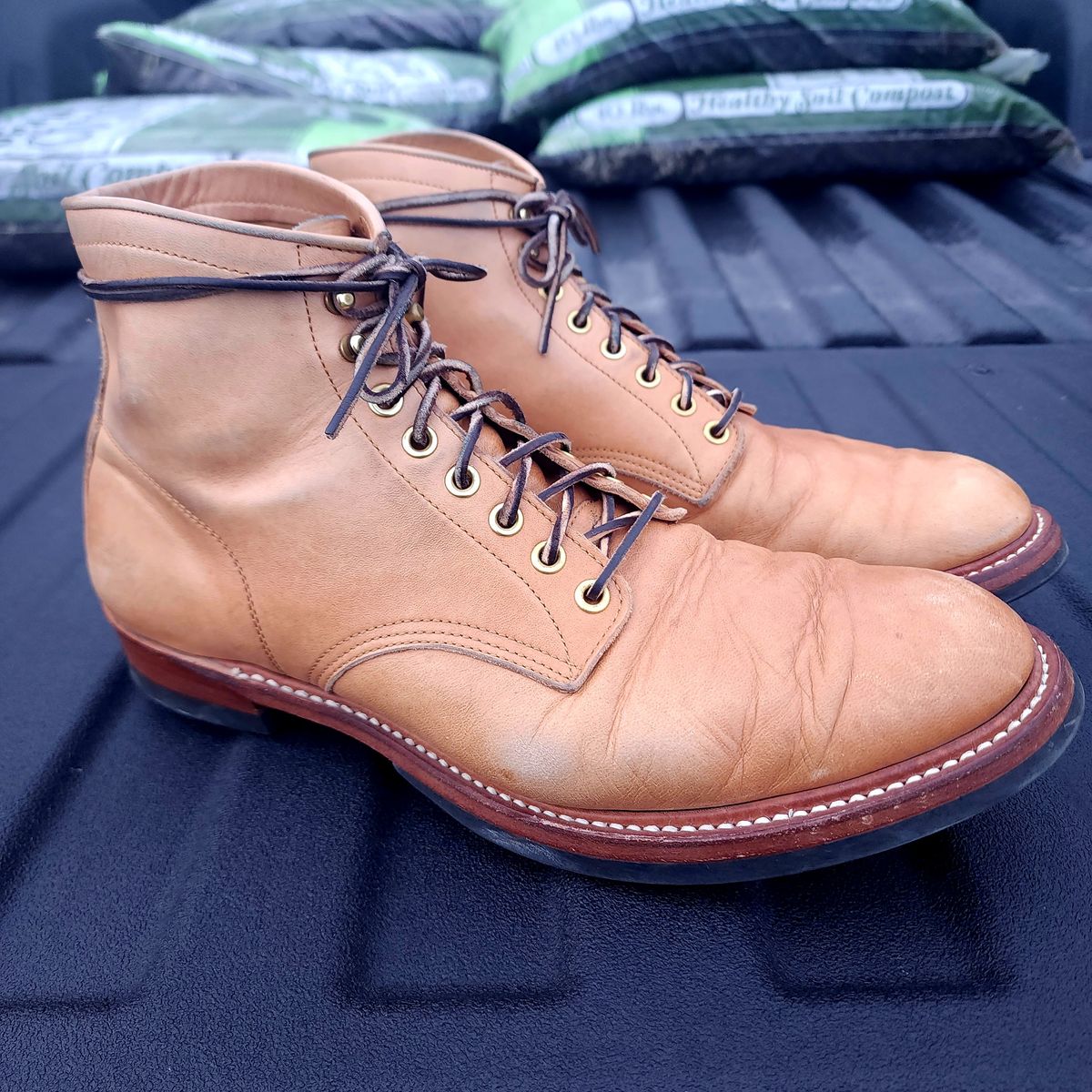 Photo by TrillDan on December 6, 2024 of the Y'2 Leather Work Boot in Y'2 kakishibu horsehide leather.
