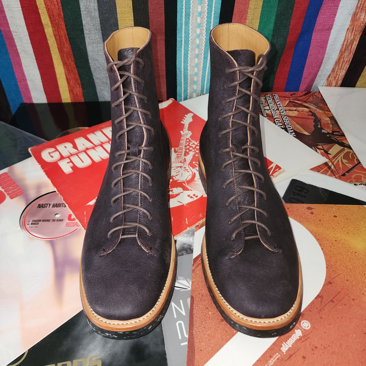 Photo by TrillDan on October 5, 2025 of the Briselblack The Buck Wholecut Lace to Toe in Horween Reversed Wax Burgundy Horsehide.