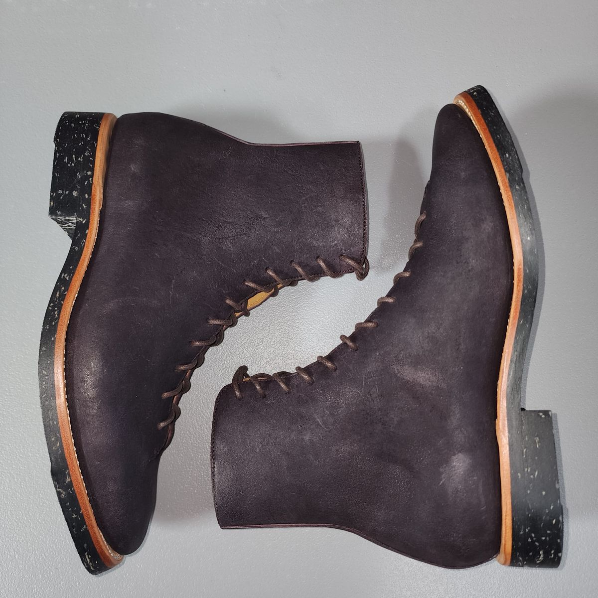 Photo by TrillDan on October 5, 2025 of the Briselblack The Buck Wholecut Lace to Toe in Horween Reversed Wax Burgundy Horsehide.