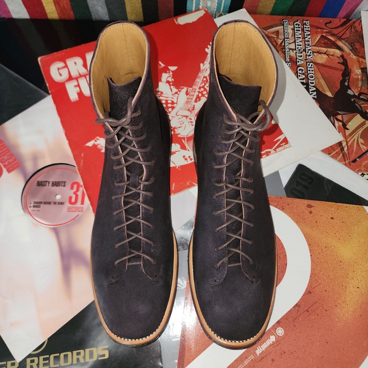 Photo by TrillDan on October 5, 2025 of the Briselblack The Buck Wholecut Lace to Toe in Horween Reversed Wax Burgundy Horsehide.