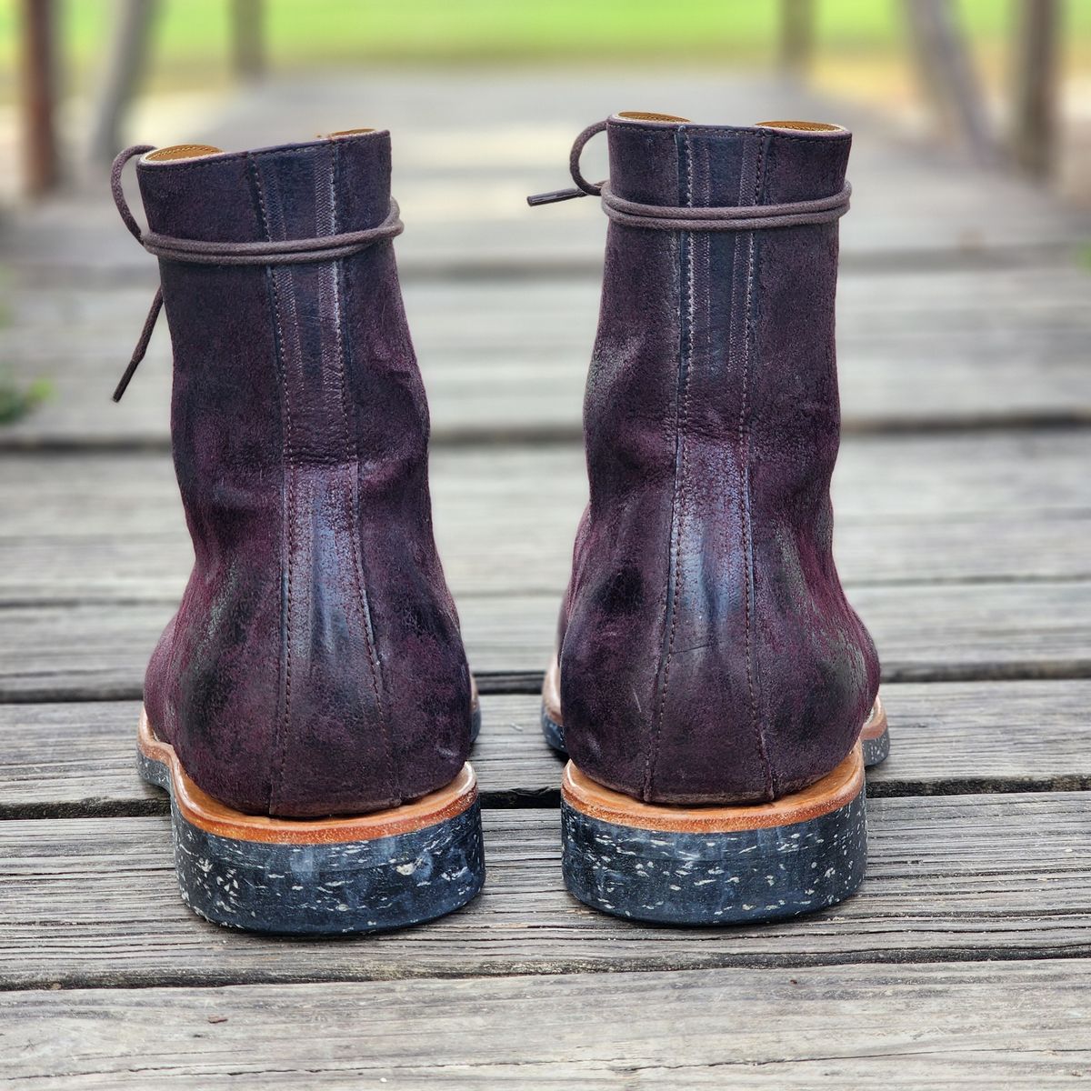 Photo by TrillDan on November 1, 2025 of the Briselblack The Buck Wholecut Lace to Toe in Horween Reversed Wax Burgundy Horsehide.