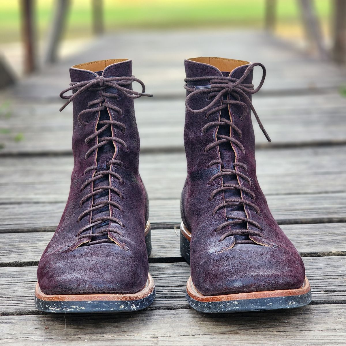 Photo by TrillDan on November 1, 2025 of the Briselblack The Buck Wholecut Lace to Toe in Horween Reversed Wax Burgundy Horsehide.