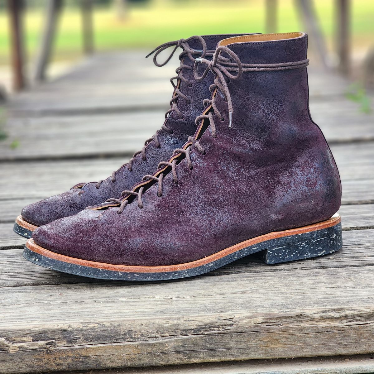 Photo by TrillDan on November 1, 2025 of the Briselblack The Buck Wholecut Lace to Toe in Horween Reversed Wax Burgundy Horsehide.