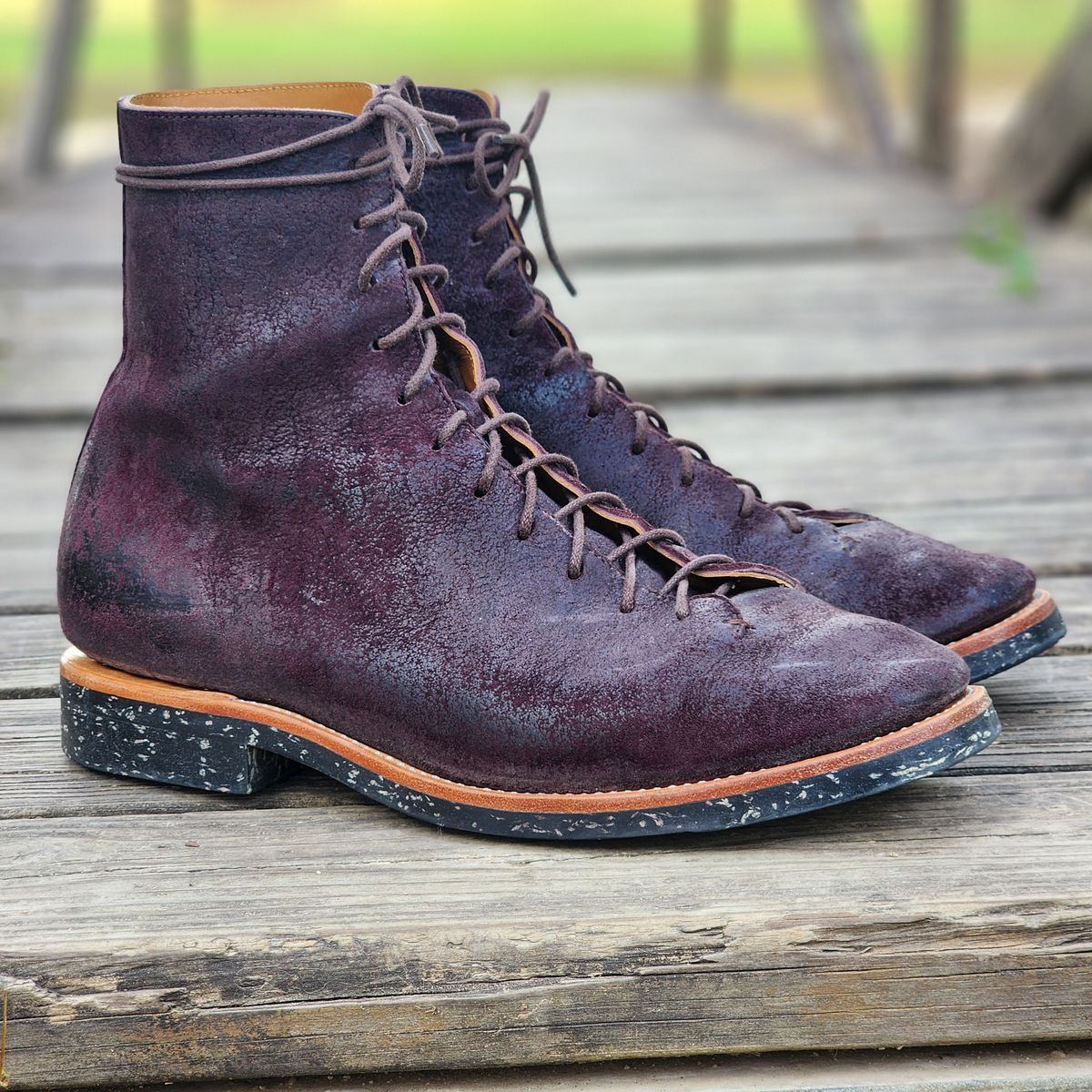 Photo by TrillDan on November 1, 2025 of the Briselblack The Buck Wholecut Lace to Toe in Horween Reversed Wax Burgundy Horsehide.