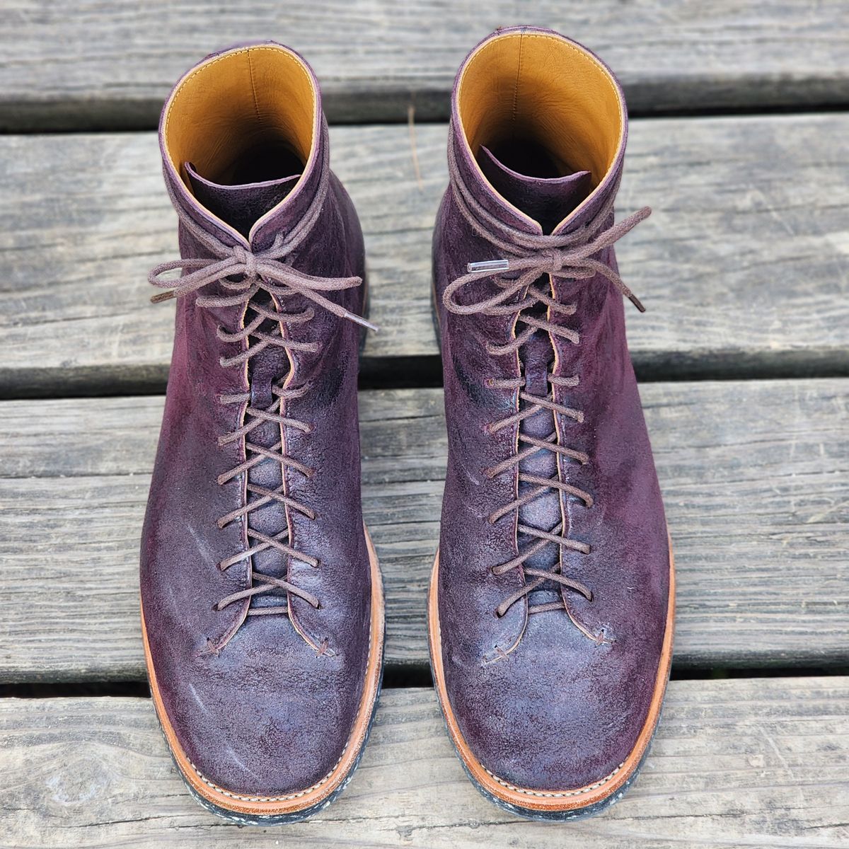 Photo by TrillDan on November 1, 2025 of the Briselblack The Buck Wholecut Lace to Toe in Horween Reversed Wax Burgundy Horsehide.
