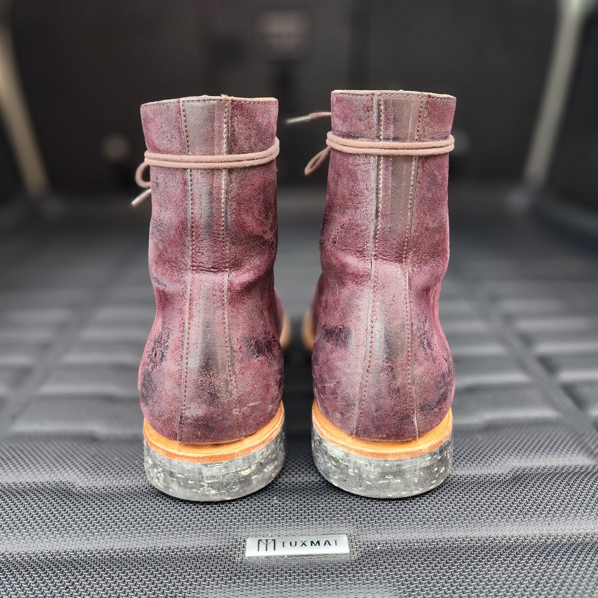 Photo by TrillDan on December 5, 2025 of the Briselblack The Buck Wholecut Lace to Toe in Horween Reversed Wax Burgundy Horsehide.