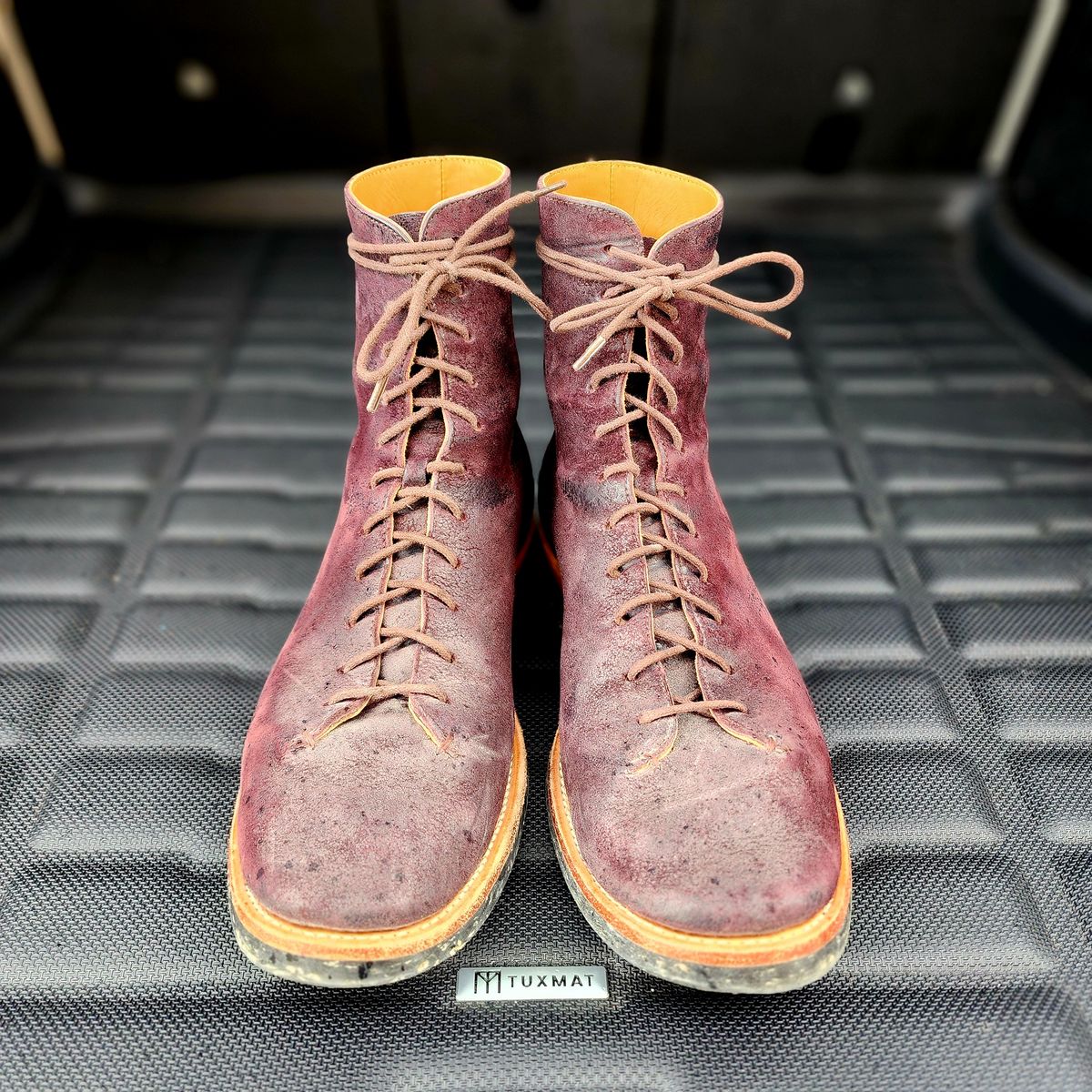 Photo by TrillDan on December 5, 2025 of the Briselblack The Buck Wholecut Lace to Toe in Horween Reversed Wax Burgundy Horsehide.