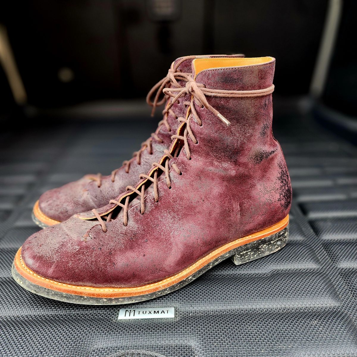 Photo by TrillDan on December 5, 2025 of the Briselblack The Buck Wholecut Lace to Toe in Horween Reversed Wax Burgundy Horsehide.
