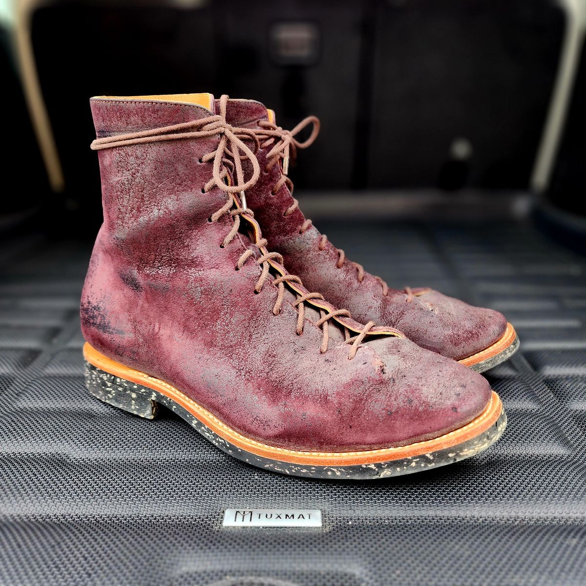 Photo by TrillDan on December 5, 2025 of the Briselblack The Buck Wholecut Lace to Toe in Horween Reversed Wax Burgundy Horsehide.