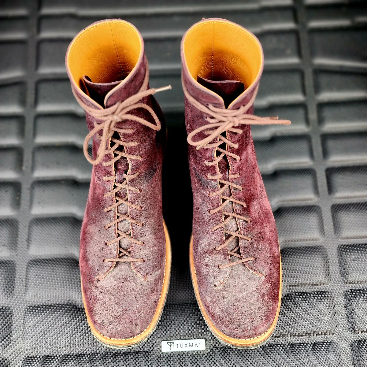 Photo by TrillDan on December 5, 2025 of the Briselblack The Buck Wholecut Lace to Toe in Horween Reversed Wax Burgundy Horsehide.