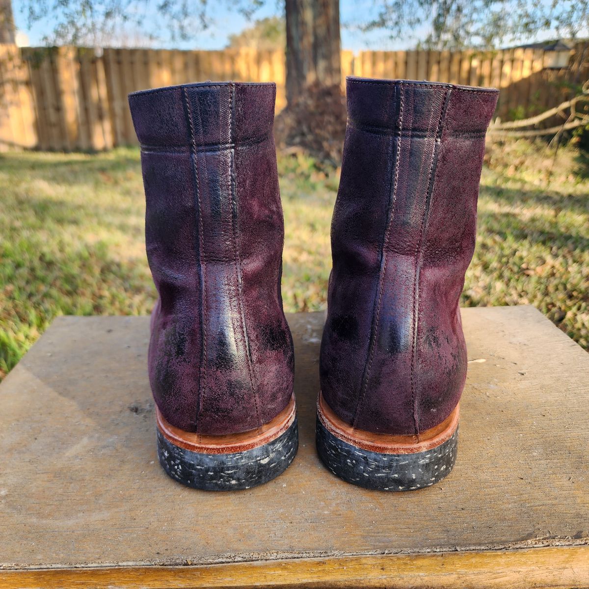 Photo by TrillDan on January 5, 2026 of the Briselblack The Buck Wholecut Lace to Toe in Horween Reversed Wax Burgundy Horsehide.