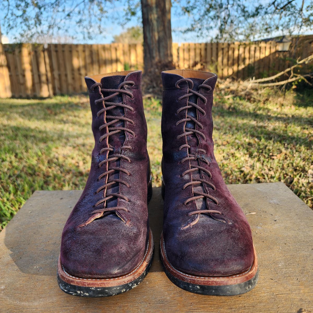 Photo by TrillDan on January 5, 2026 of the Briselblack The Buck Wholecut Lace to Toe in Horween Reversed Wax Burgundy Horsehide.