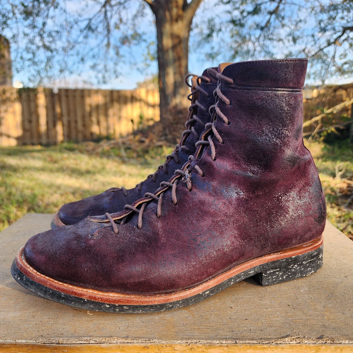 Photo by TrillDan on January 5, 2026 of the Briselblack The Buck Wholecut Lace to Toe in Horween Reversed Wax Burgundy Horsehide.