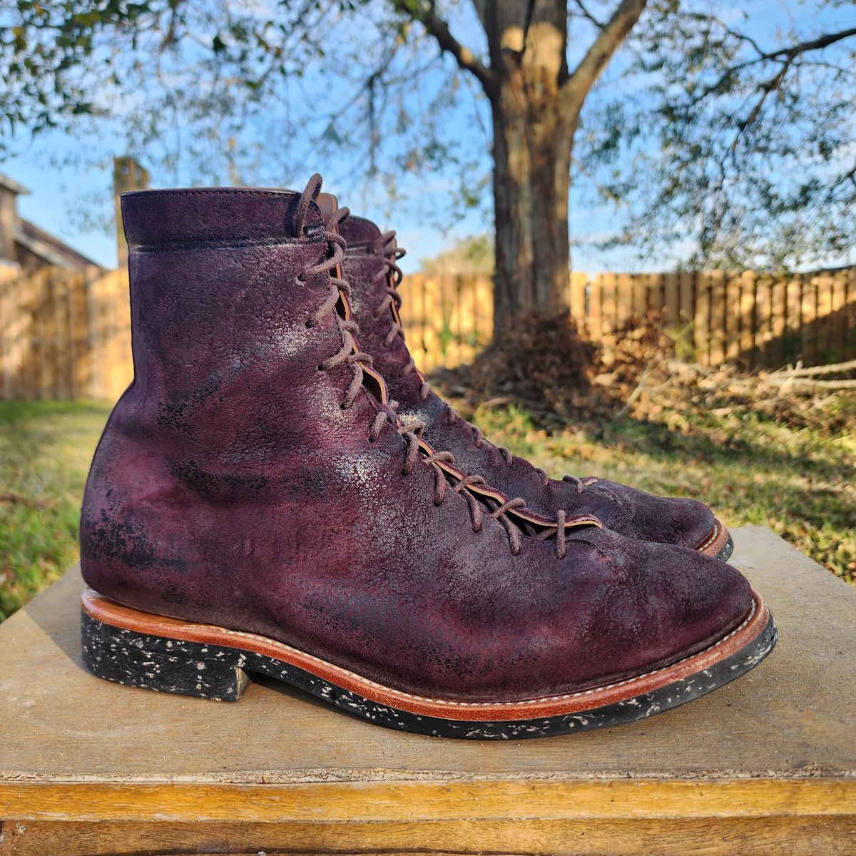 Photo by TrillDan on January 5, 2026 of the Briselblack The Buck Wholecut Lace to Toe in Horween Reversed Wax Burgundy Horsehide.