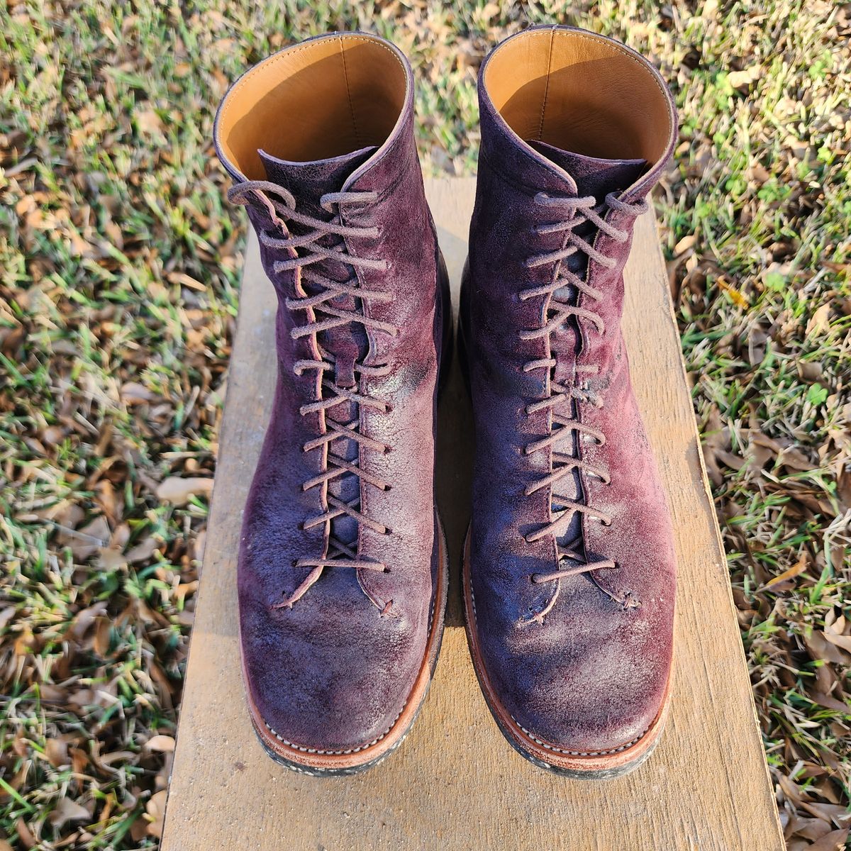 Photo by TrillDan on January 5, 2026 of the Briselblack The Buck Wholecut Lace to Toe in Horween Reversed Wax Burgundy Horsehide.