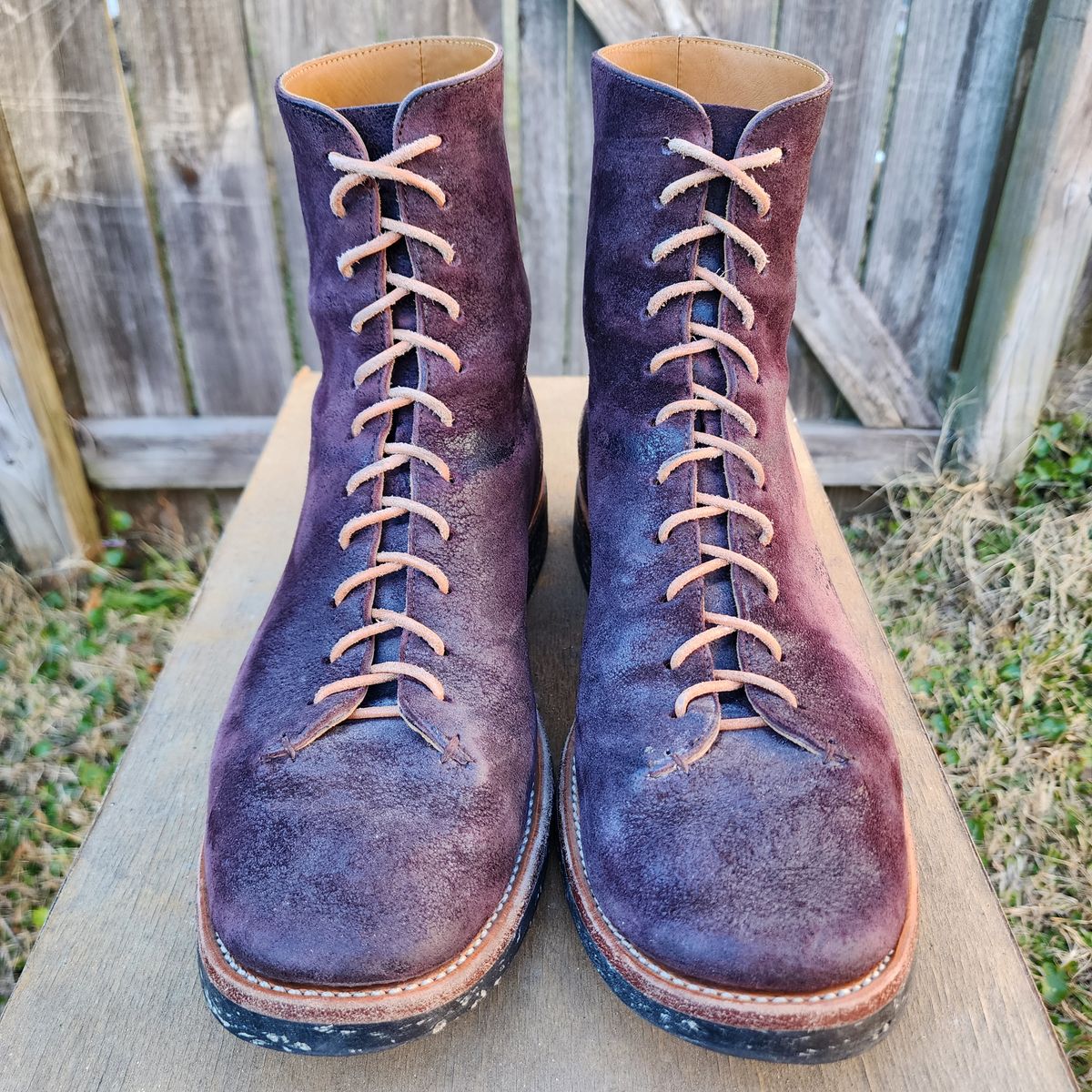 Photo by TrillDan on February 5, 2026 of the Briselblack The Buck Wholecut Lace to Toe in Horween Reversed Wax Burgundy Horsehide.