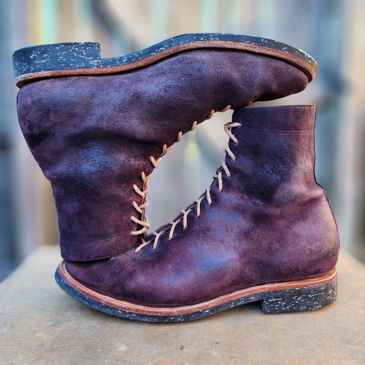 Photo by TrillDan on February 5, 2026 of the Briselblack The Buck Wholecut Lace to Toe in Horween Reversed Wax Burgundy Horsehide.