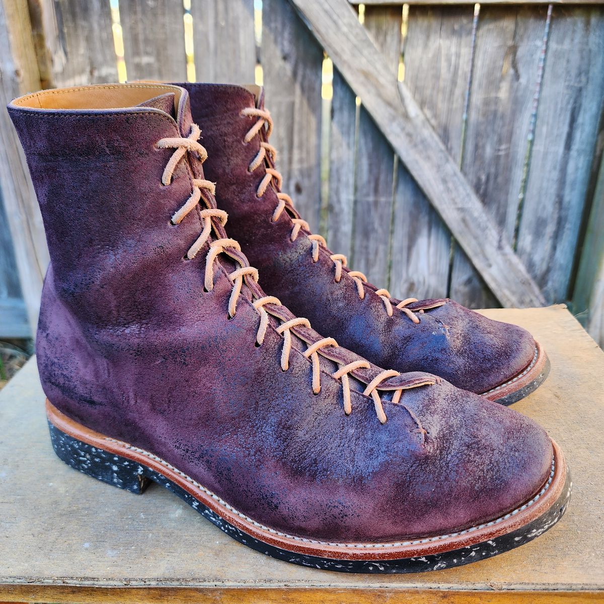 Photo by TrillDan on February 5, 2026 of the Briselblack The Buck Wholecut Lace to Toe in Horween Reversed Wax Burgundy Horsehide.
