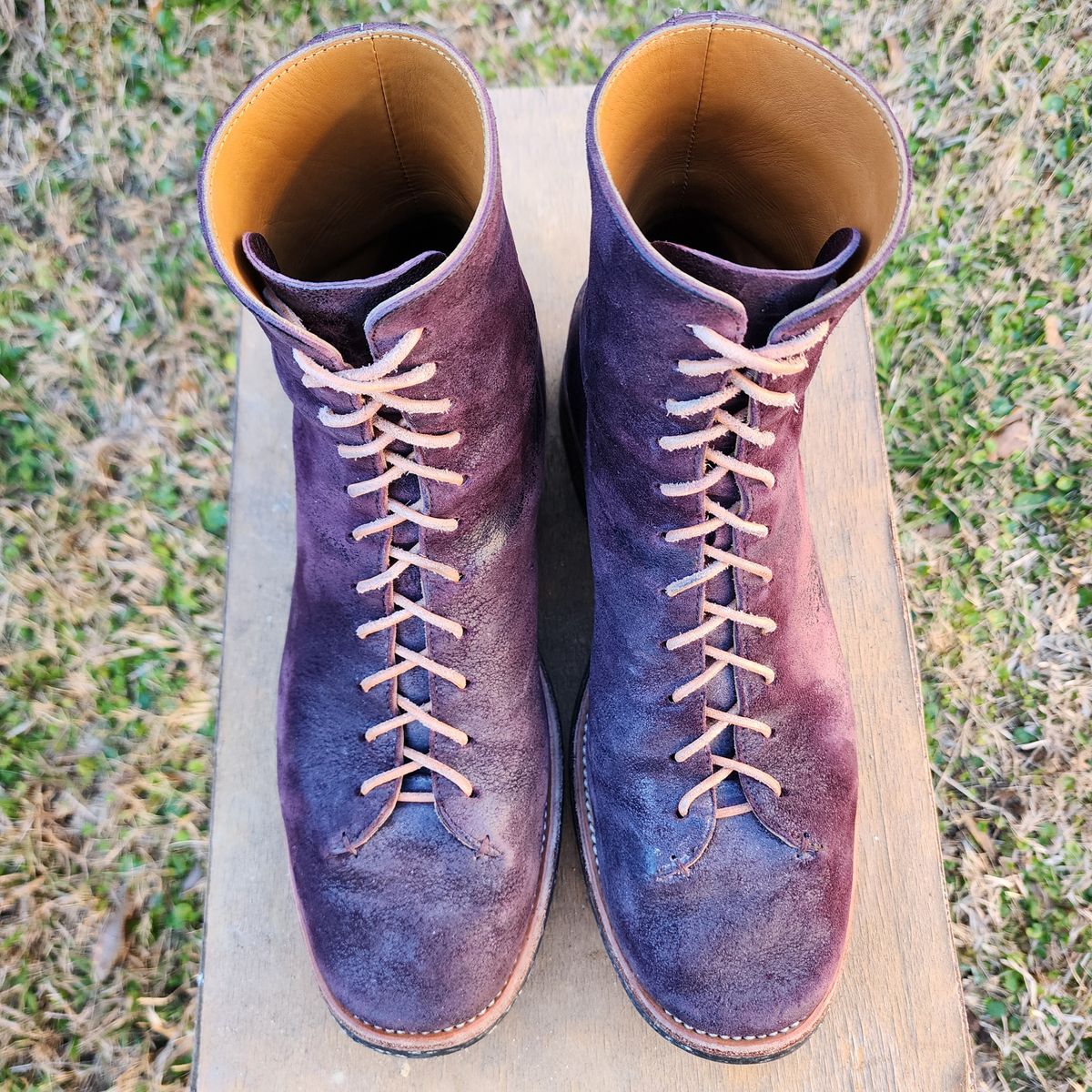 Photo by TrillDan on February 5, 2026 of the Briselblack The Buck Wholecut Lace to Toe in Horween Reversed Wax Burgundy Horsehide.