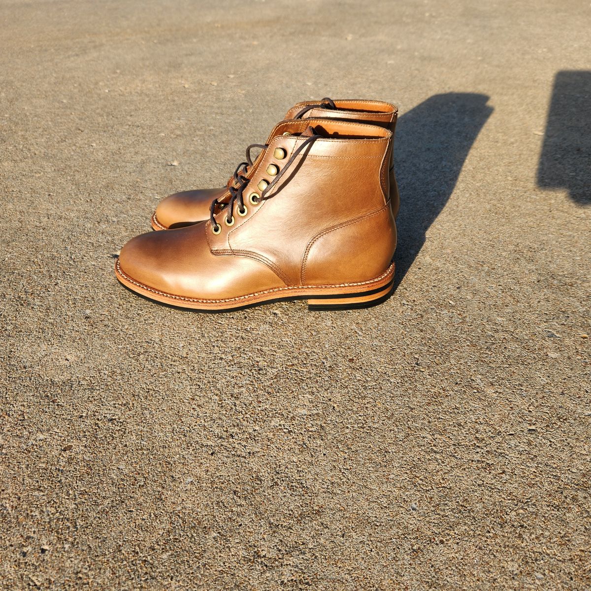 Photo by wildflowersnboots on October 1, 2024 of the Grant Stone Nora Boot in Horween Dune Chromexcel.