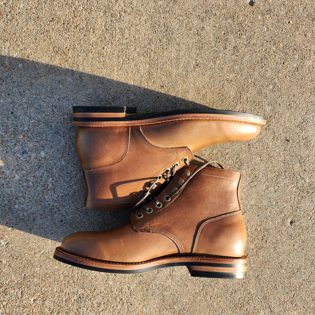 Photo by wildflowersnboots on October 1, 2024 of the Grant Stone Nora Boot in Horween Dune Chromexcel.